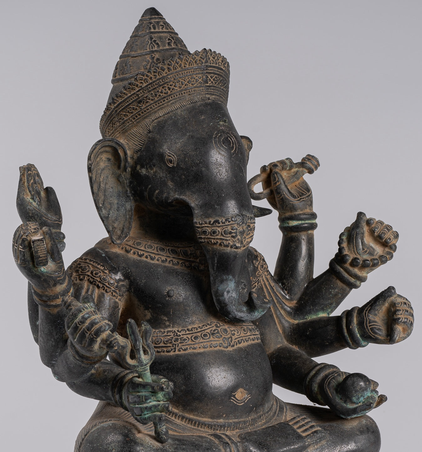 Ganesha Statue - Antique Khmer Style Angkor Wat Bronze Seated Eight Arm Ganesh Statue - 41cm/16"