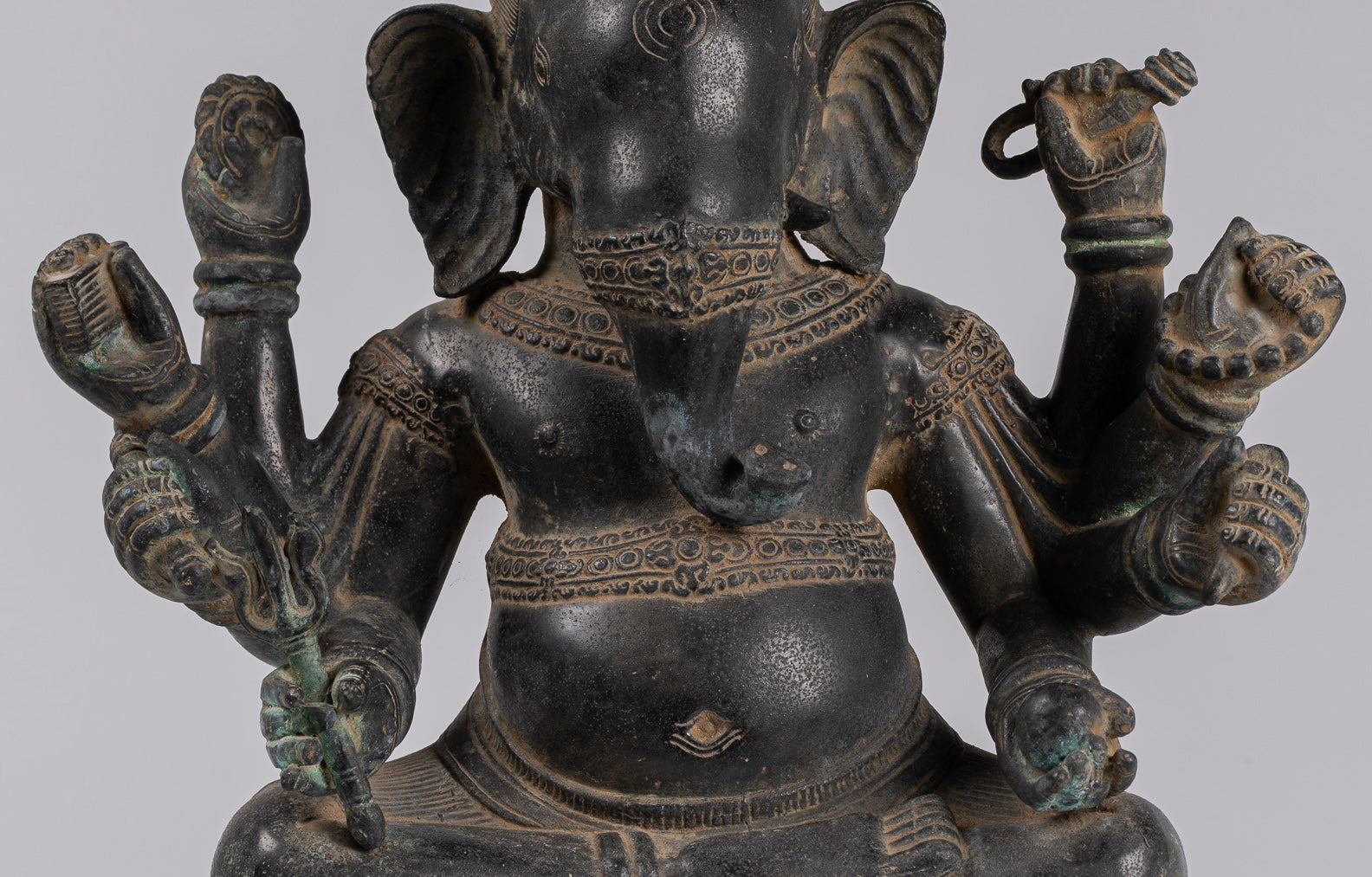 Ganesha Statue - Antique Khmer Style Angkor Wat Bronze Seated Eight Arm Ganesh Statue - 41cm/16"