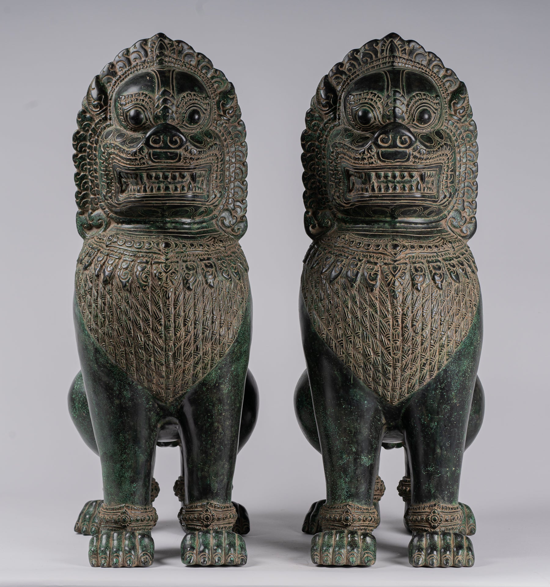 Temple Lions - Antique Khmer Style Bronze Temple Guardians or Lions (Pair) - 72cm/29"