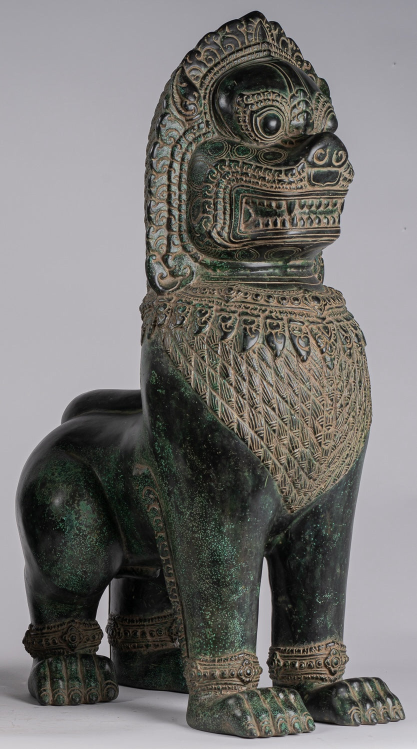 Temple Lions - Antique Khmer Style Bronze Temple Guardians or Lions (Pair) - 72cm/29"