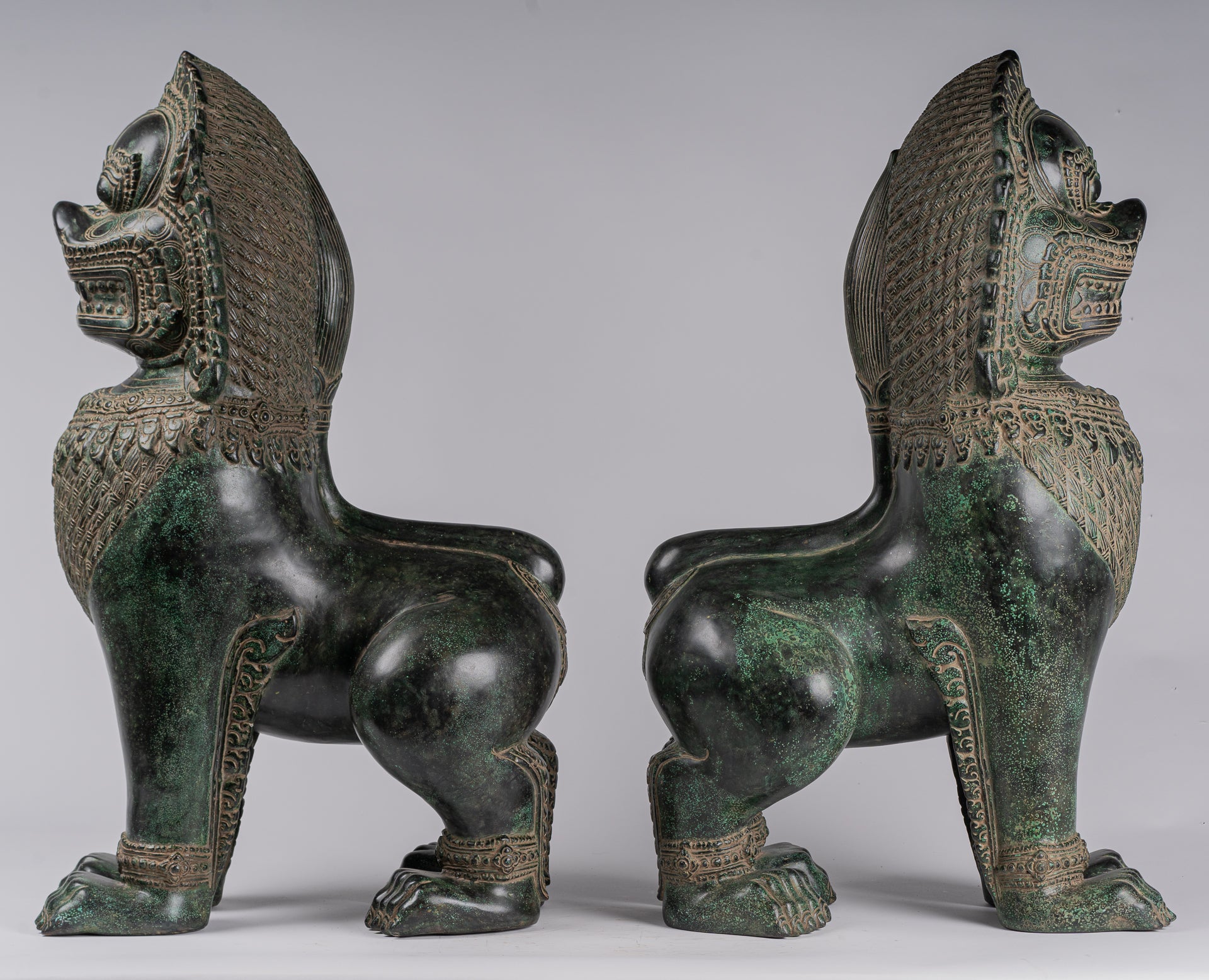 Temple Lions - Antique Khmer Style Bronze Temple Guardians or Lions (Pair) - 72cm/29"
