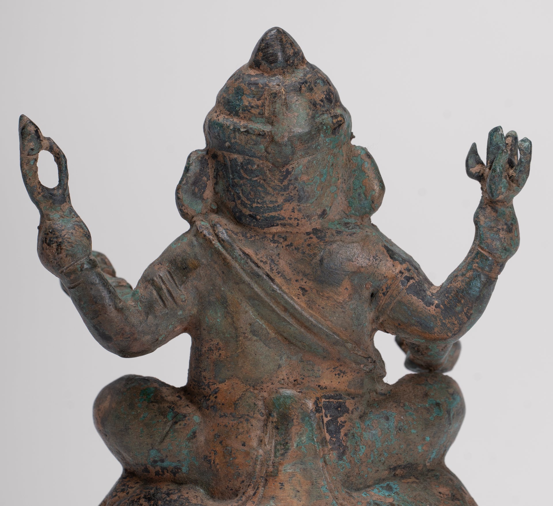 Ganesha Statue - Antique Thai Style Bronze Seated 4-Arm Ganesha Statue - 12cm/5"