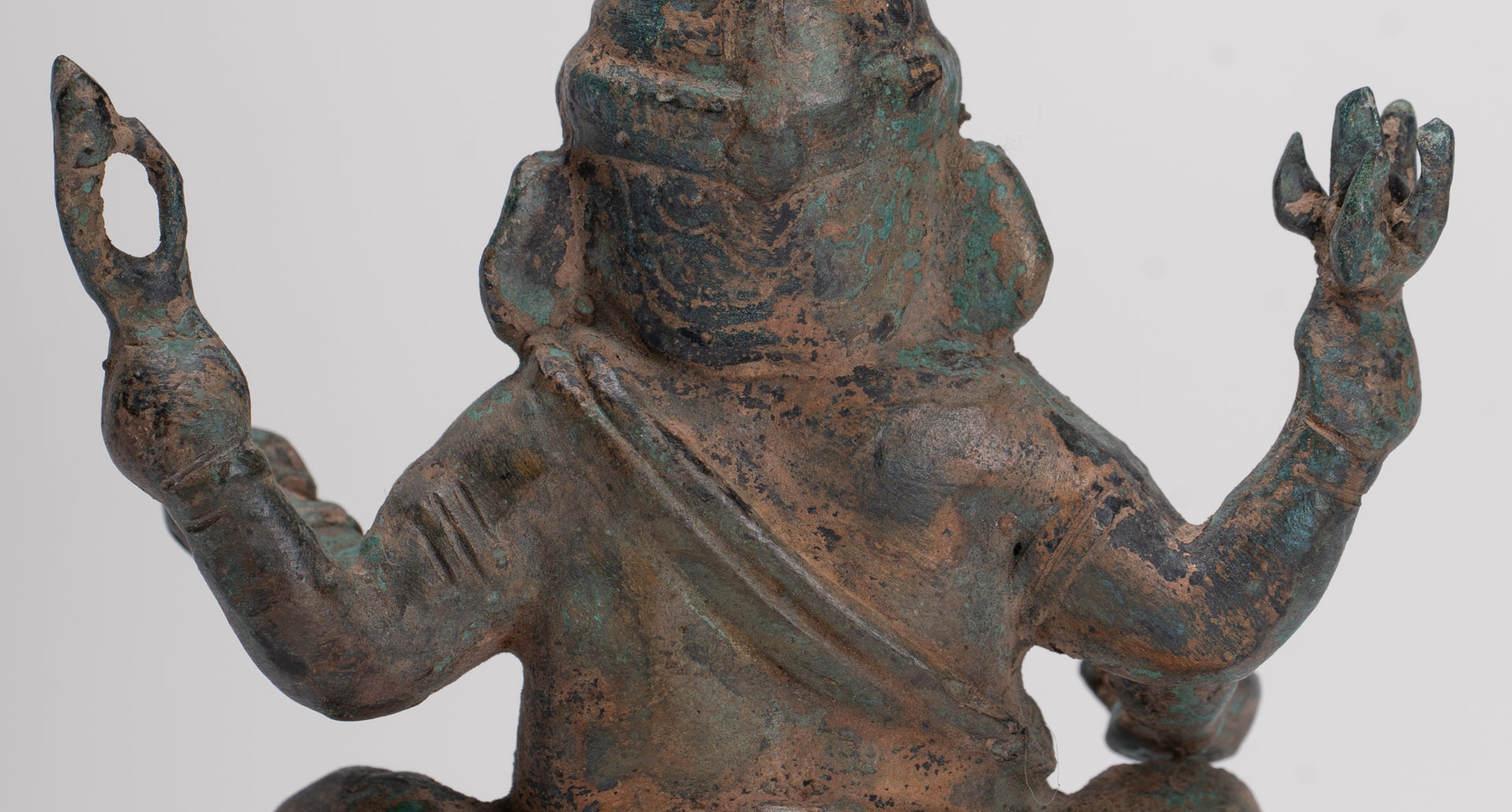 Ganesha Statue - Antique Thai Style Bronze Seated 4-Arm Ganesha Statue - 12cm/5"