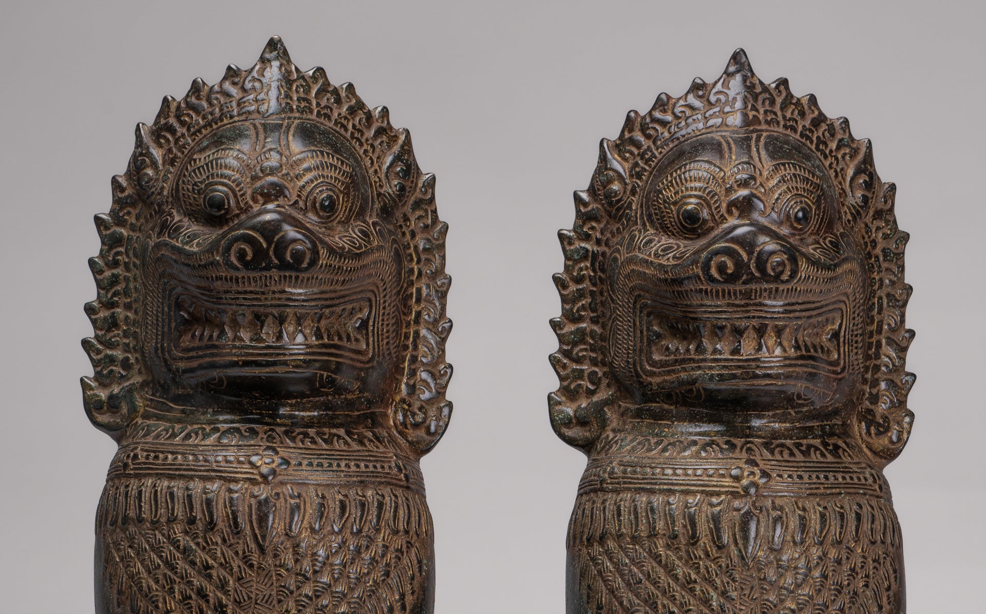 Temple Lions - Antique Khmer Style Bronze Standing Temple Guardians or Lions - 39cm/16"