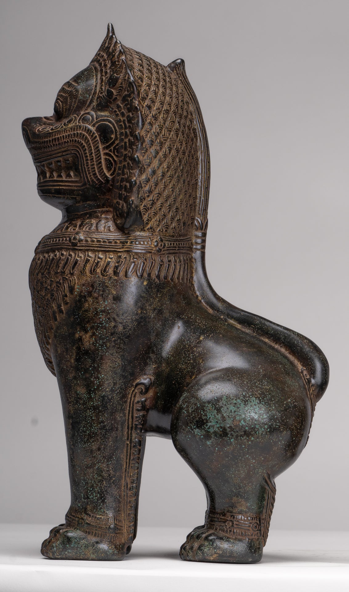 Temple Lions - Antique Khmer Style Bronze Standing Temple Guardians or Lions - 39cm/16"