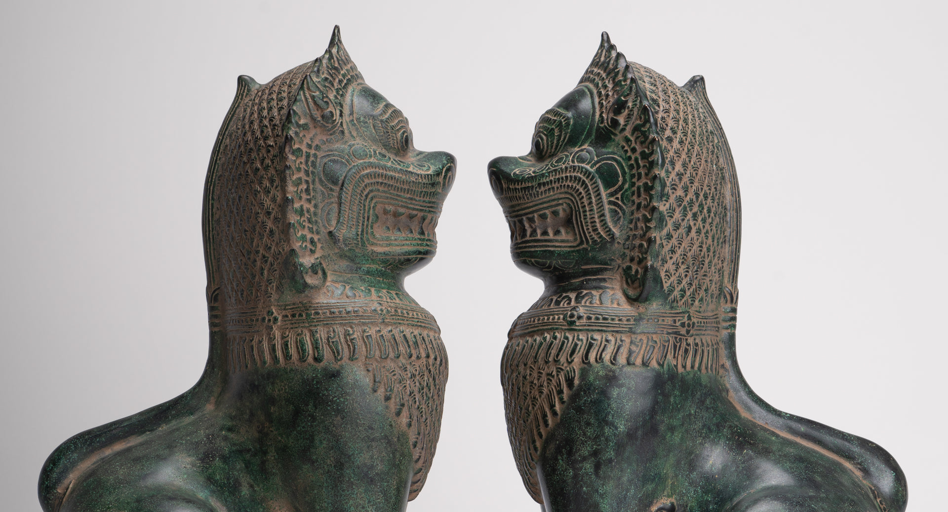 Temple Lions - Antique Khmer Style Bronze Standing Temple Guardians or Lions - 39cm/16"