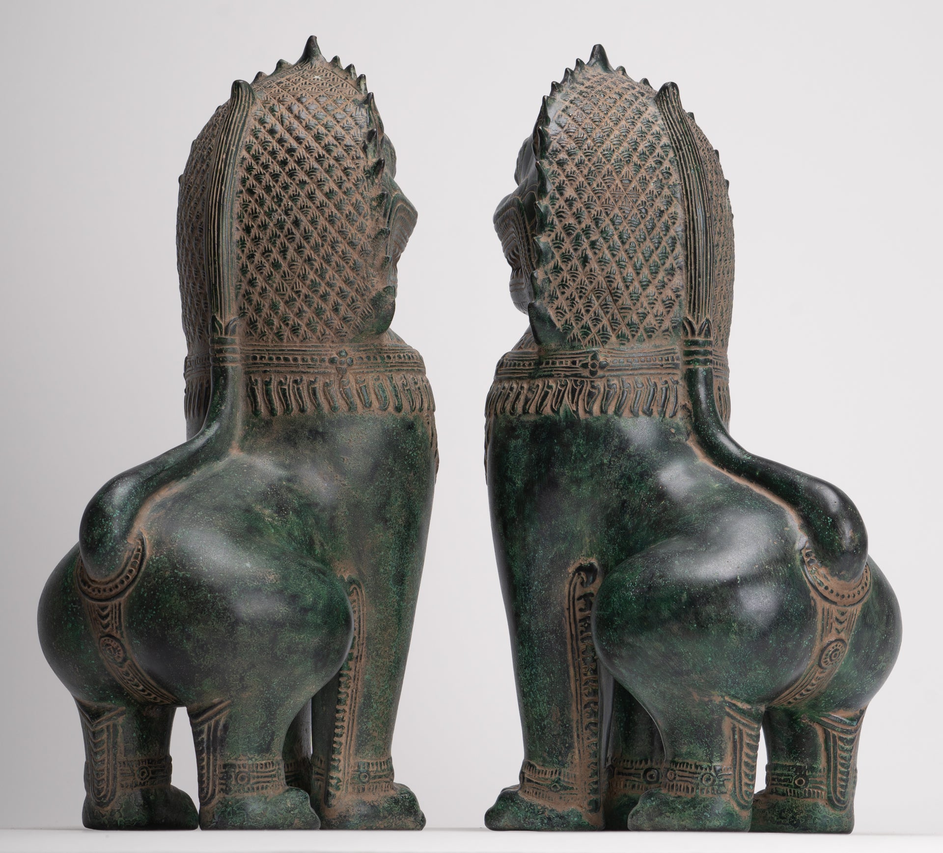 Temple Lions - Antique Khmer Style Bronze Standing Temple Guardians or Lions - 39cm/16"