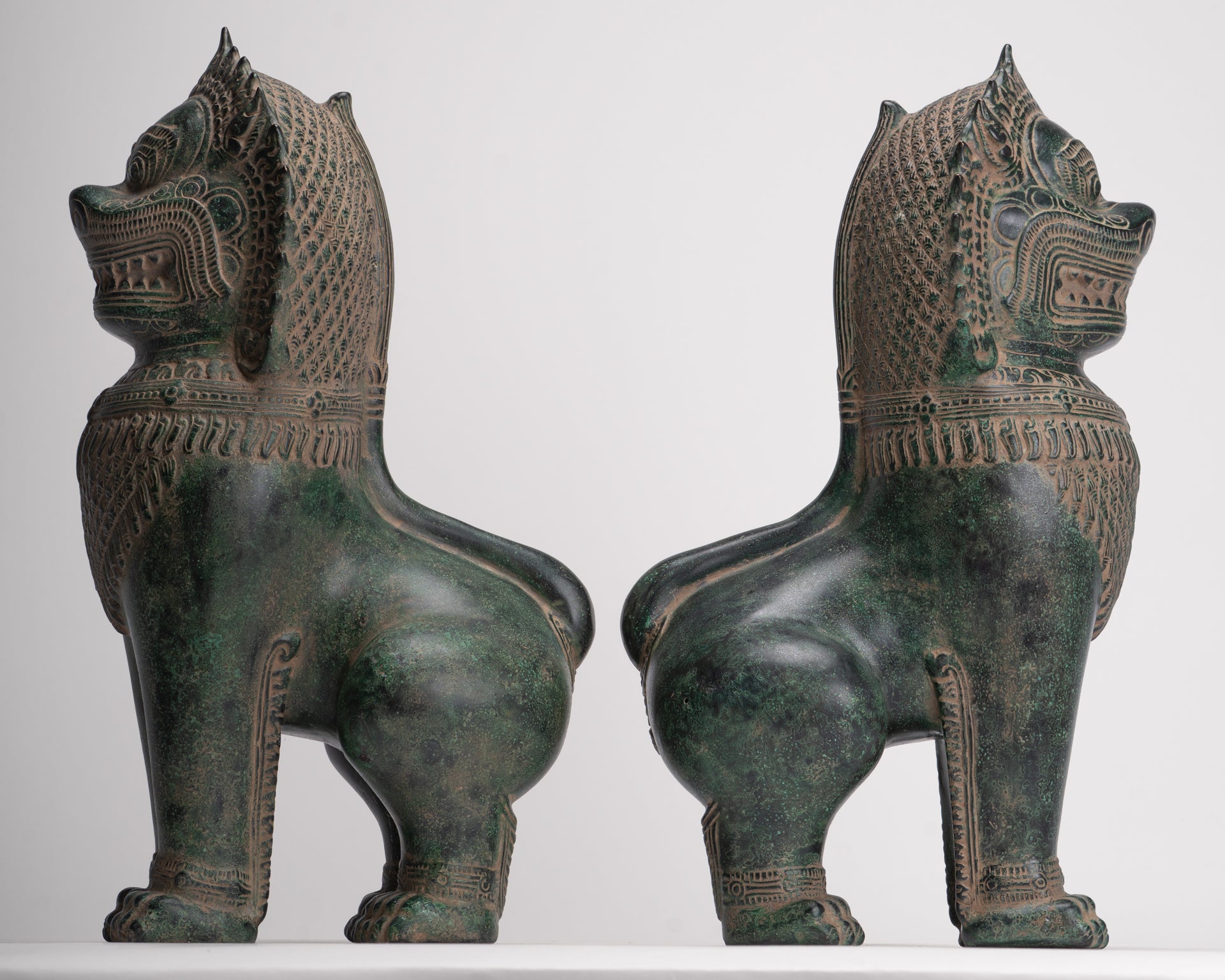 Temple Lions - Antique Khmer Style Bronze Standing Temple Guardians or Lions - 39cm/16"