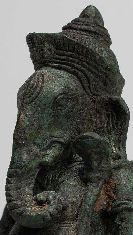 Ganesha Statue - Antique Thai Style Bronze Seated Ganesha Statue - 15cm/6"