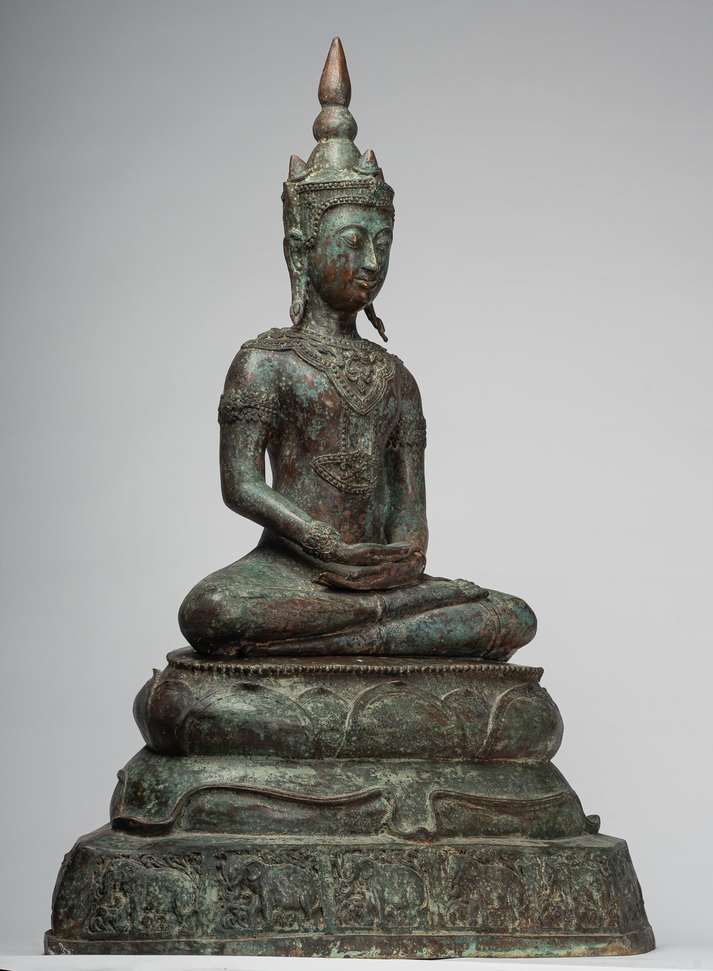 Antique Thai Style Seated Bronze Royal Ayutthaya Meditation Buddha Statue - 90cm/36"