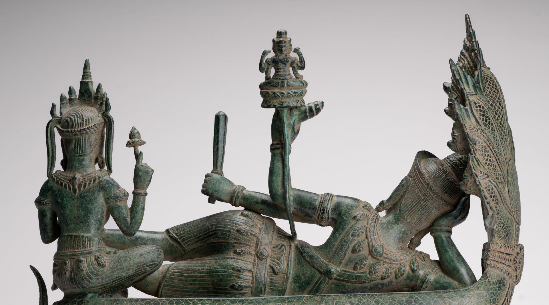 Antique Khmer Style Angkor Wat Bronze Reclining Vishnu Statue - 52cm/21" Long