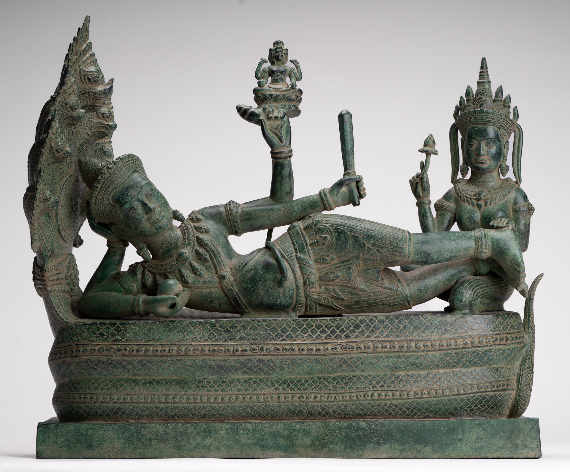 Antique Khmer Style Angkor Wat Bronze Reclining Vishnu Statue - 52cm/21" Long