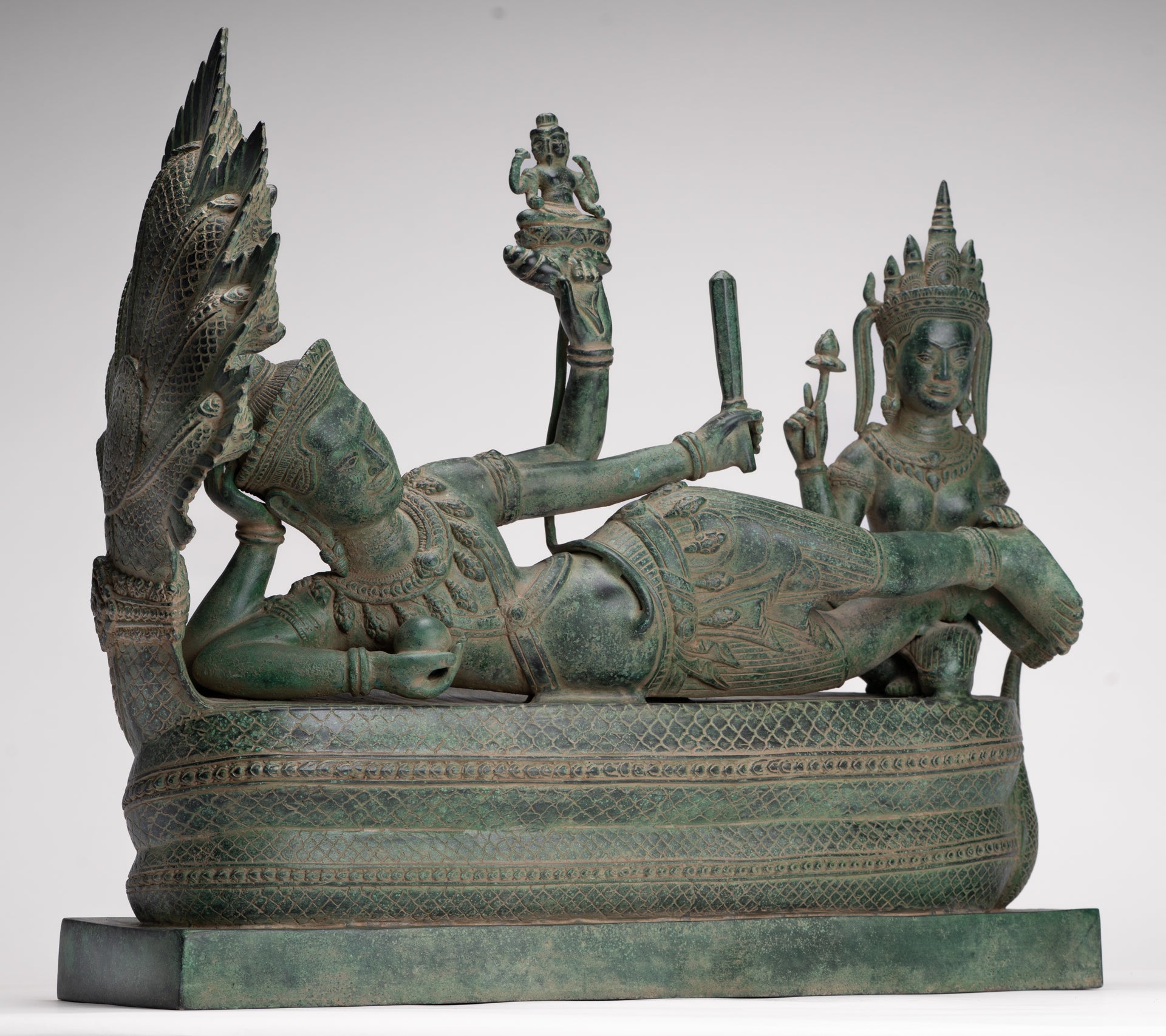 Antique Khmer Style Angkor Wat Bronze Reclining Vishnu Statue - 52cm/21" Long