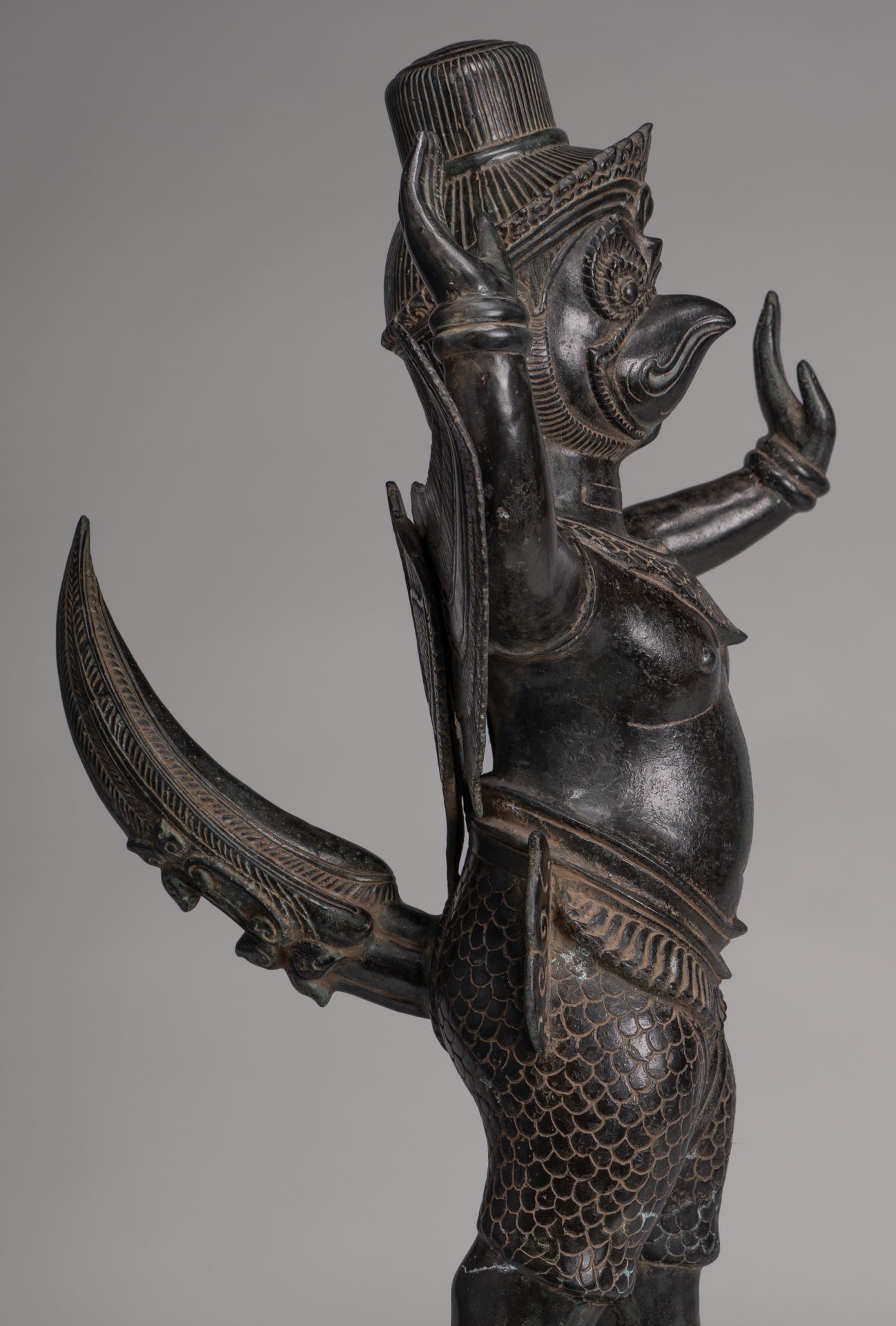 Antique Banteay Srei Style Seated Bronze Khmer Vishnu Garuda Statue - 71cm/28"