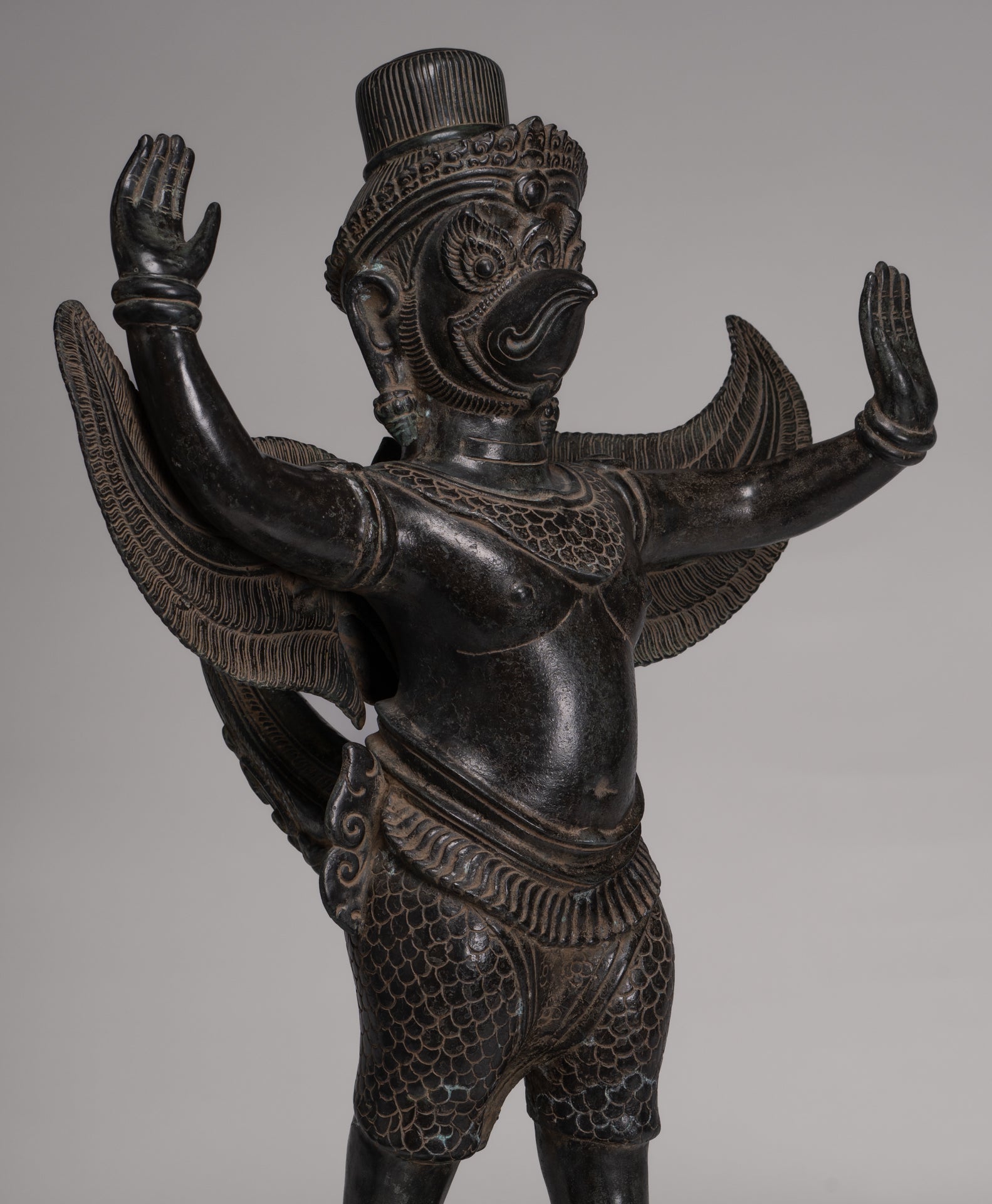 Antique Banteay Srei Style Seated Bronze Khmer Vishnu Garuda Statue - 71cm/28"