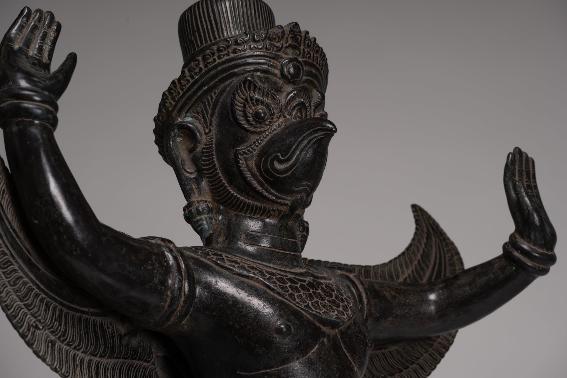 Antique Banteay Srei Style Seated Bronze Khmer Vishnu Garuda Statue - 71cm/28"