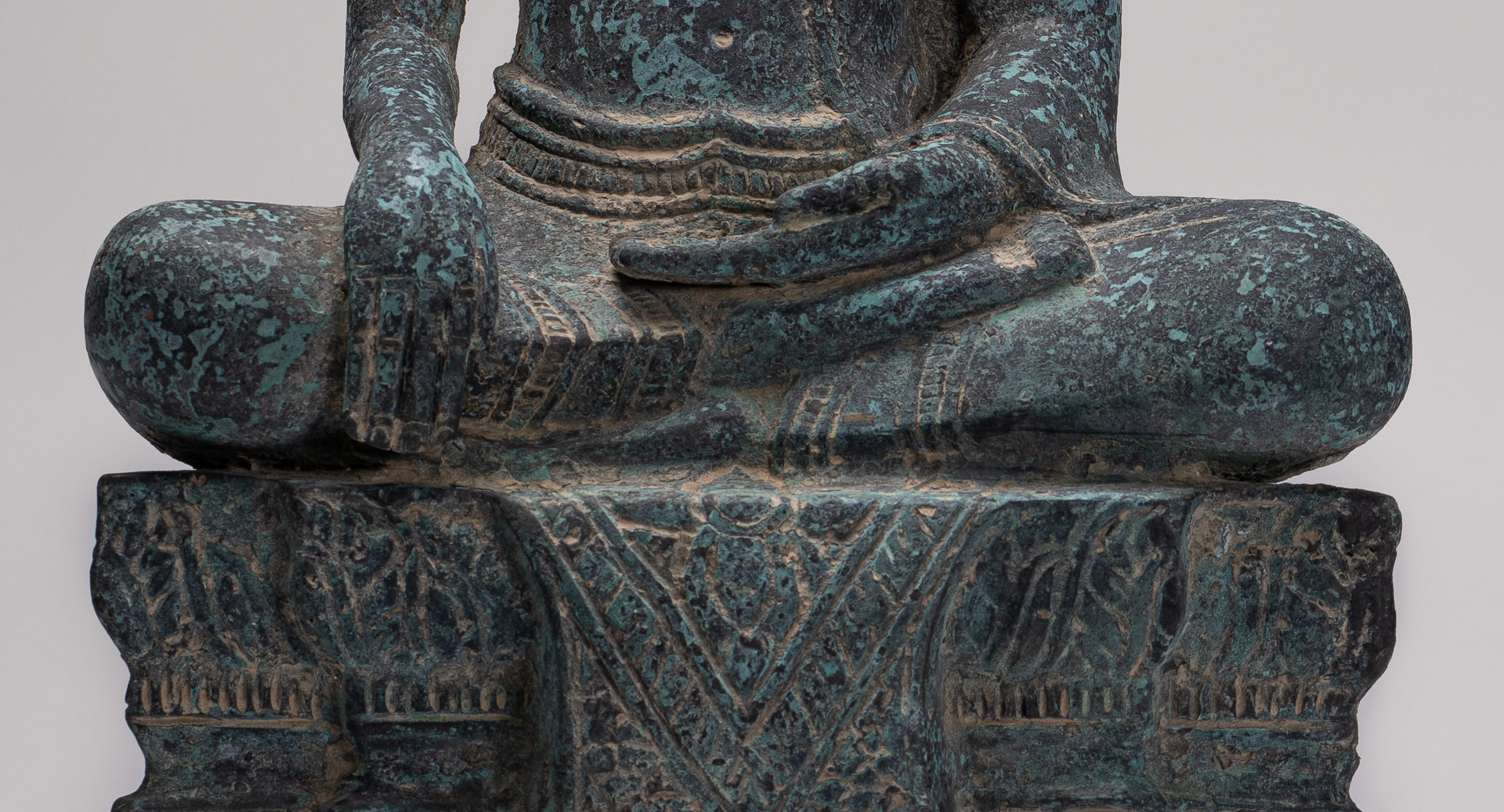 Buddha Statue - Antique Khmer Style Bronze Enthroned Enlightenment Buddha Statue - 48cm/19"
