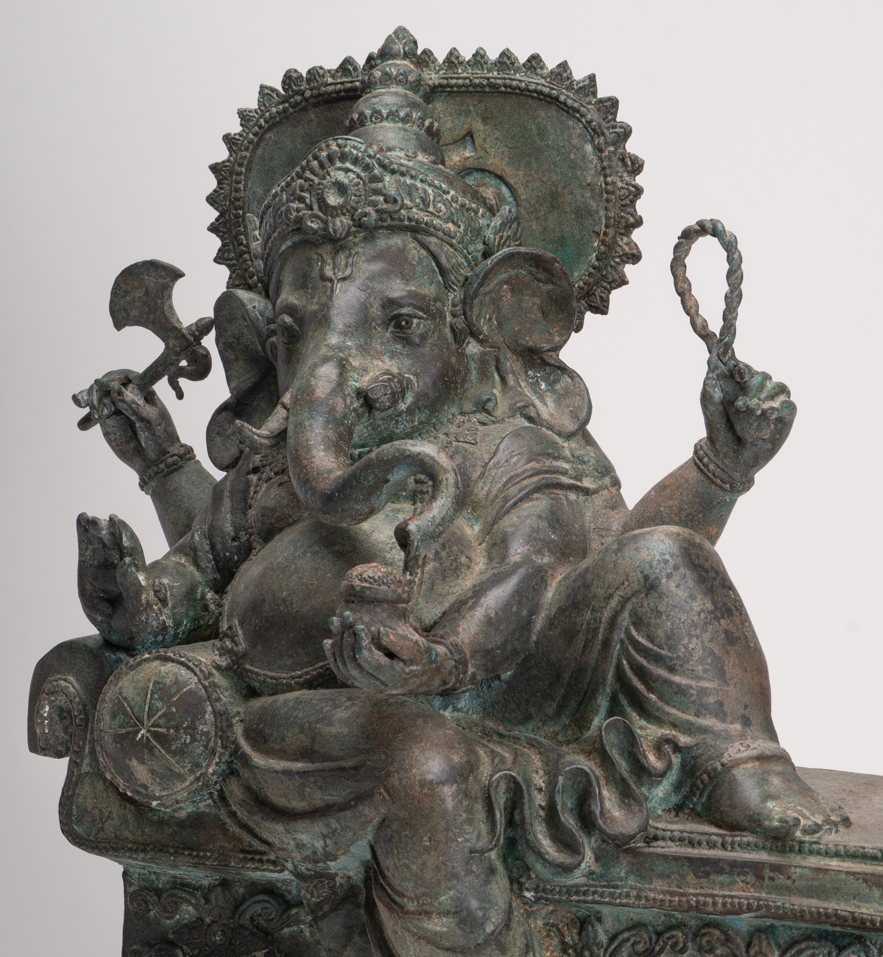 Ganesh - Antique Thai Style Bronze Reclining Ganesha Statue w/Mouse - 41cm/16"