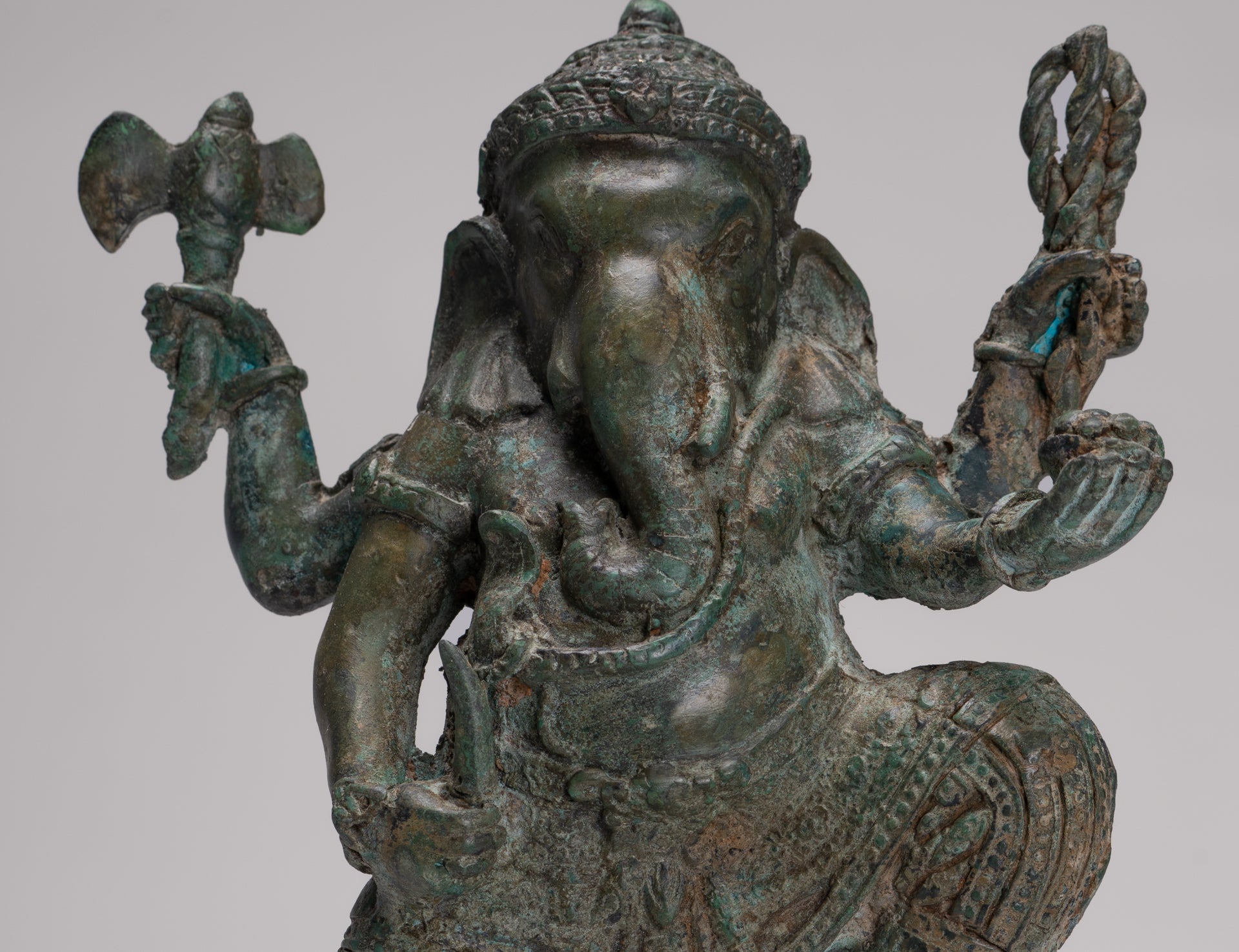 Ganesh - Antique Thai Style Bronze Dancing Ganesha Statue w/Mouse - 28cm/11"