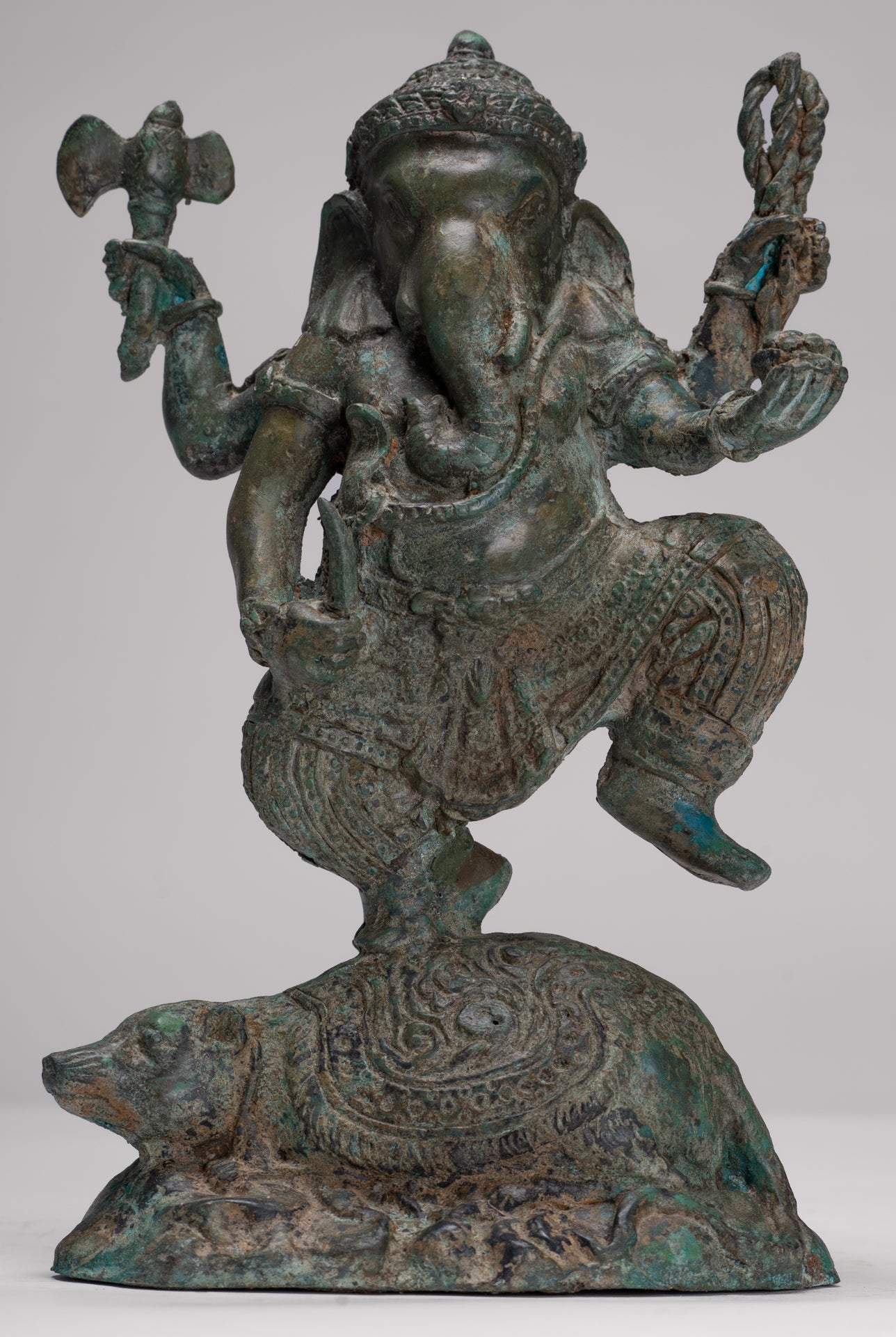 Ganesh - Antique Thai Style Bronze Dancing Ganesha Statue w/Mouse - 28cm/11"