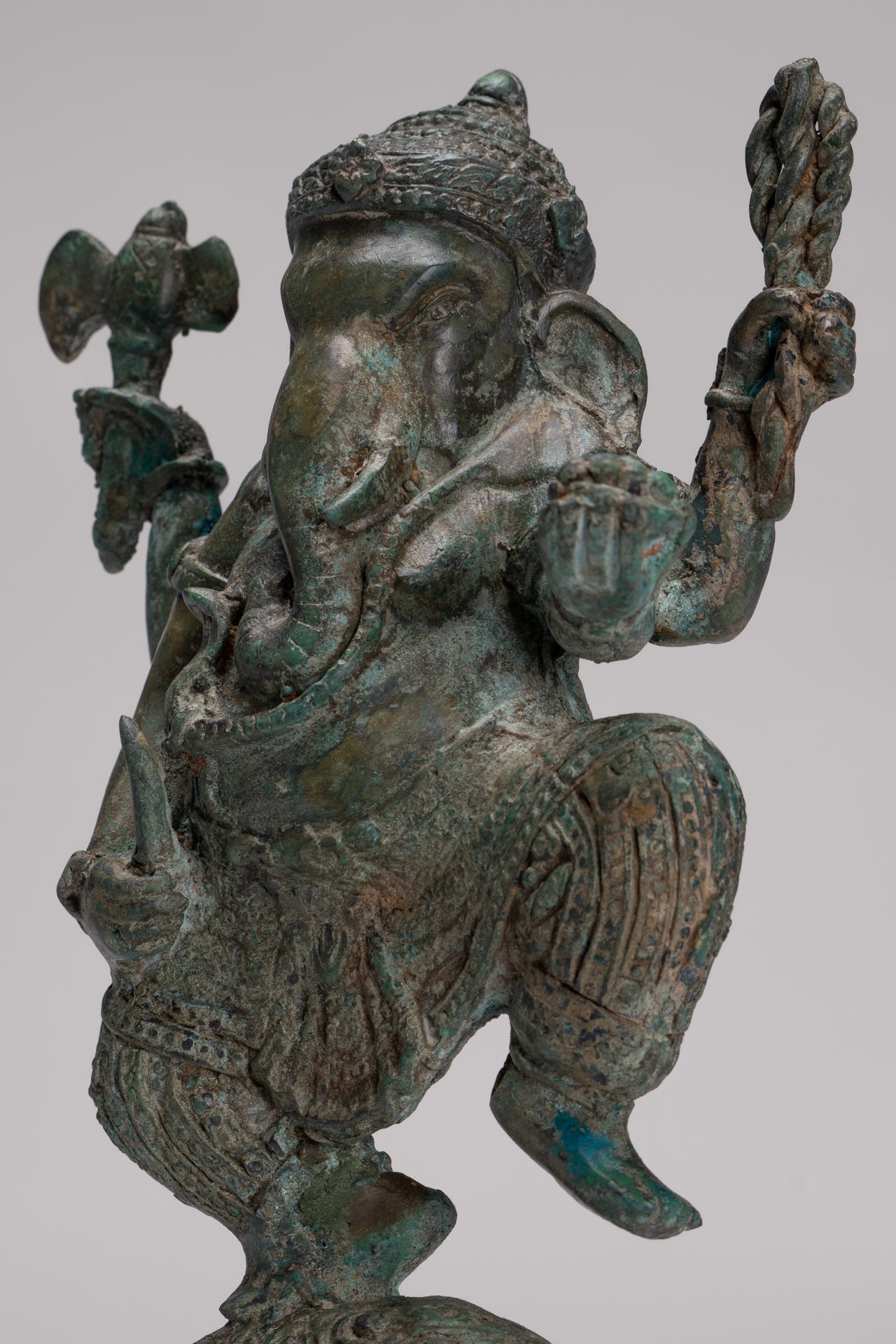 Ganesh - Antique Thai Style Bronze Dancing Ganesha Statue w/Mouse - 28cm/11"