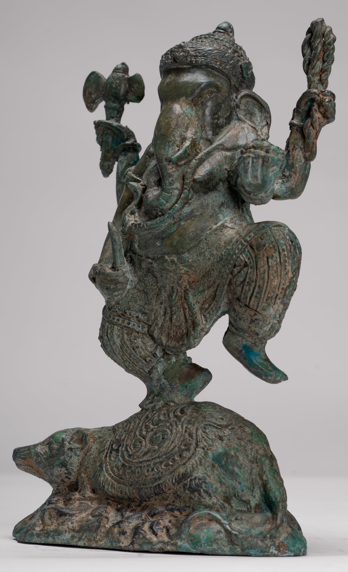 Ganesh - Antique Thai Style Bronze Dancing Ganesha Statue w/Mouse - 28cm/11"
