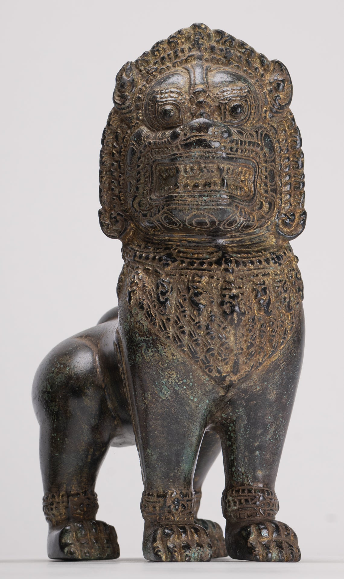 Temple Lions - Antique Khmer Style Bronze Standing Temple Guardian or Lions (Pair) - 22cm/9"