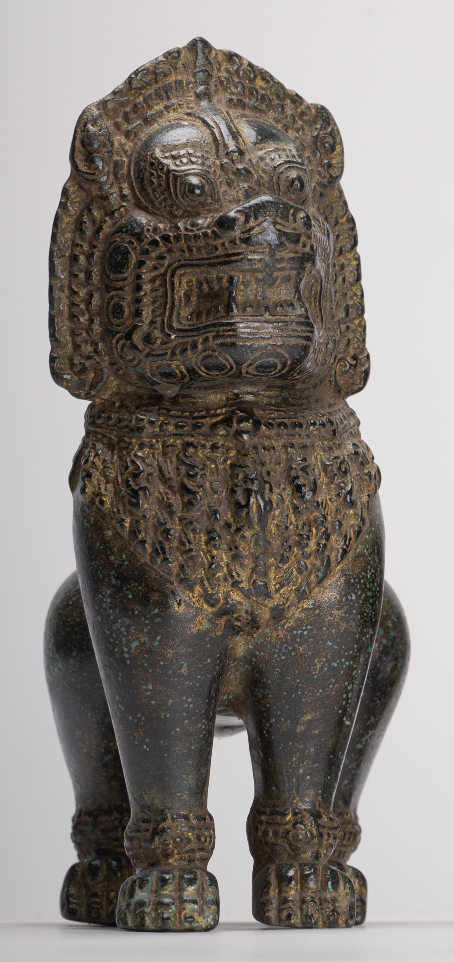 Temple Lions - Antique Khmer Style Bronze Standing Temple Guardian or Lions (Pair) - 22cm/9"