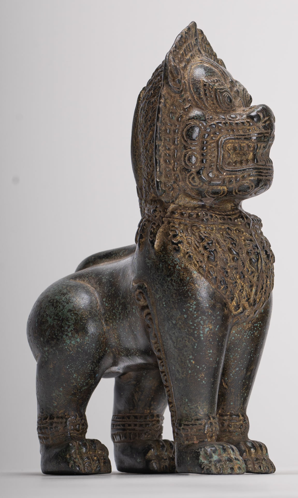 Temple Lions - Antique Khmer Style Bronze Standing Temple Guardian or Lions (Pair) - 22cm/9"