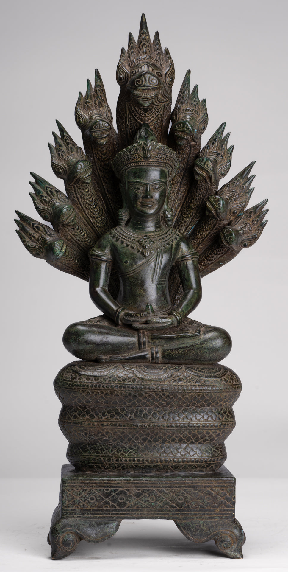 Large Buddha Statue - Antique Bayon Style Khmer Seated Bronze Naga Meditation Buddha - 53cm/21"
