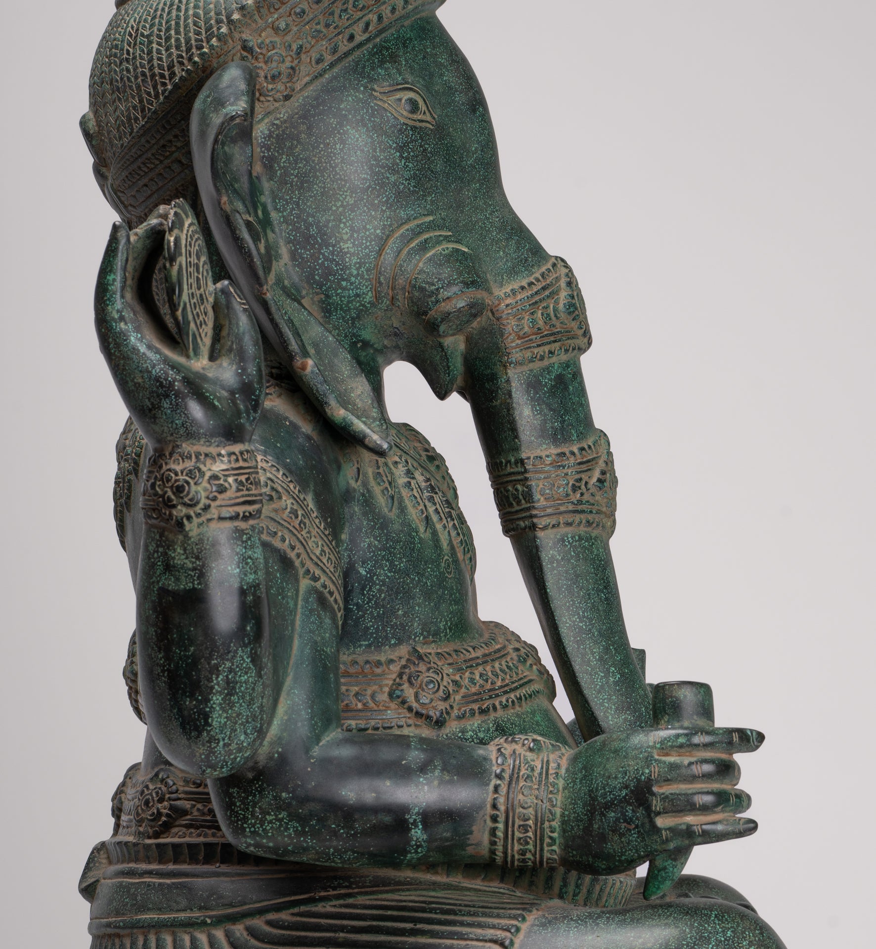 Large Ganesha Statue - Antique Khmer Style Angkor Wat Bronze Seated Four Arm Ganesh Statue - 74cm/30"