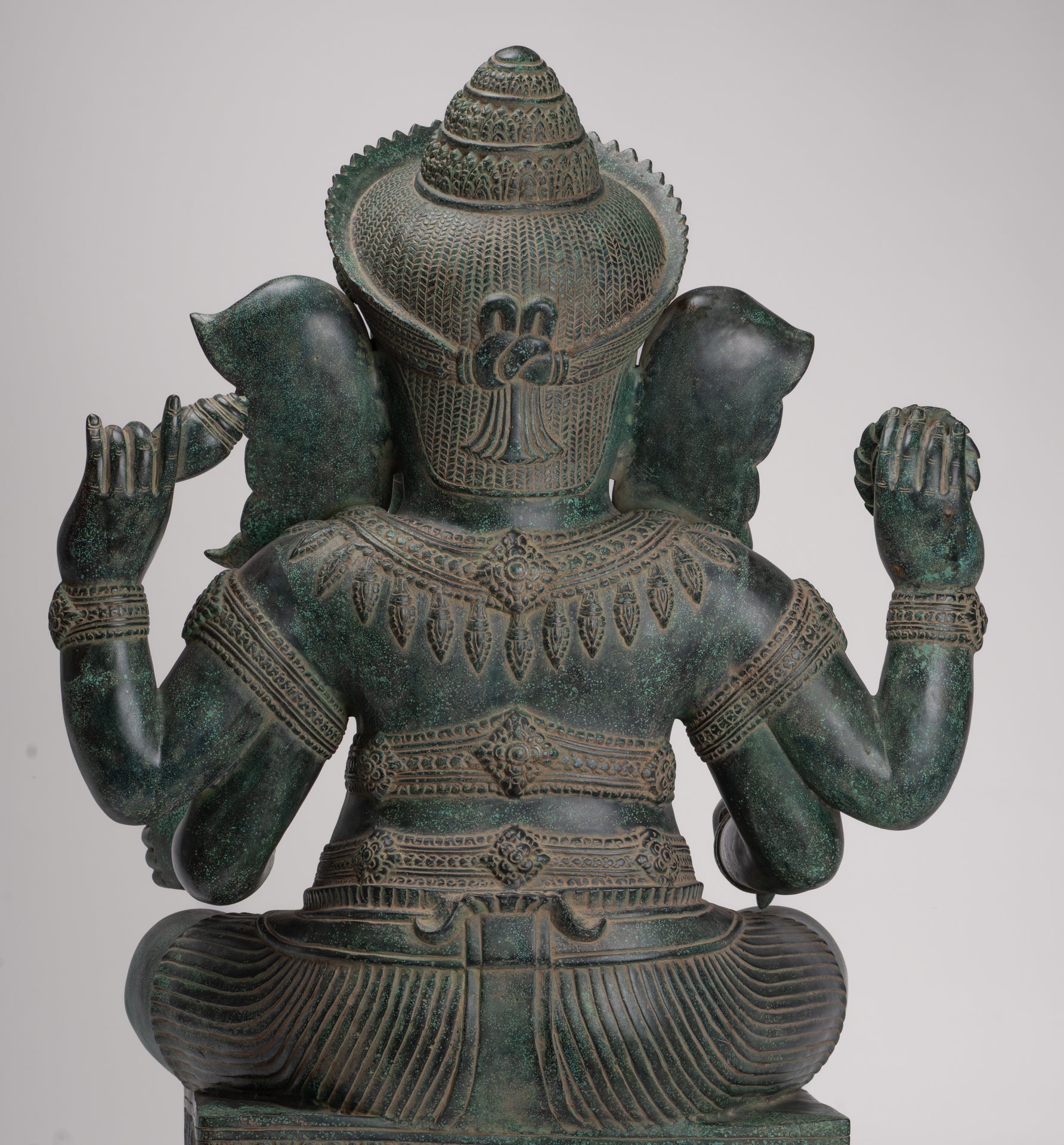 Large Ganesha Statue - Antique Khmer Style Angkor Wat Bronze Seated Four Arm Ganesh Statue - 74cm/30"