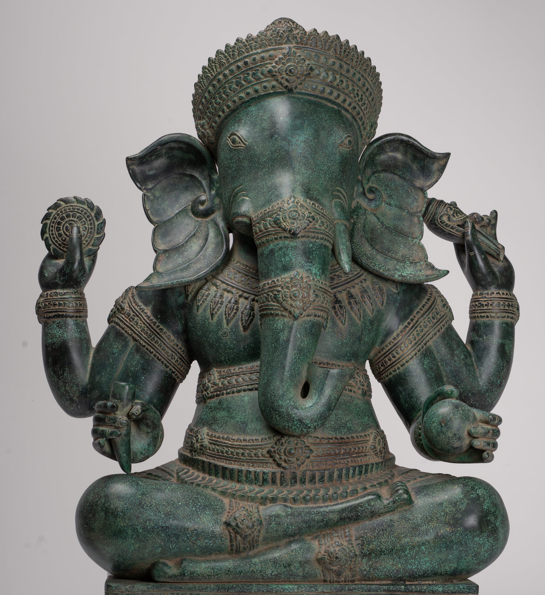 Large Ganesha Statue - Antique Khmer Style Angkor Wat Bronze Seated Four Arm Ganesh Statue - 74cm/30"