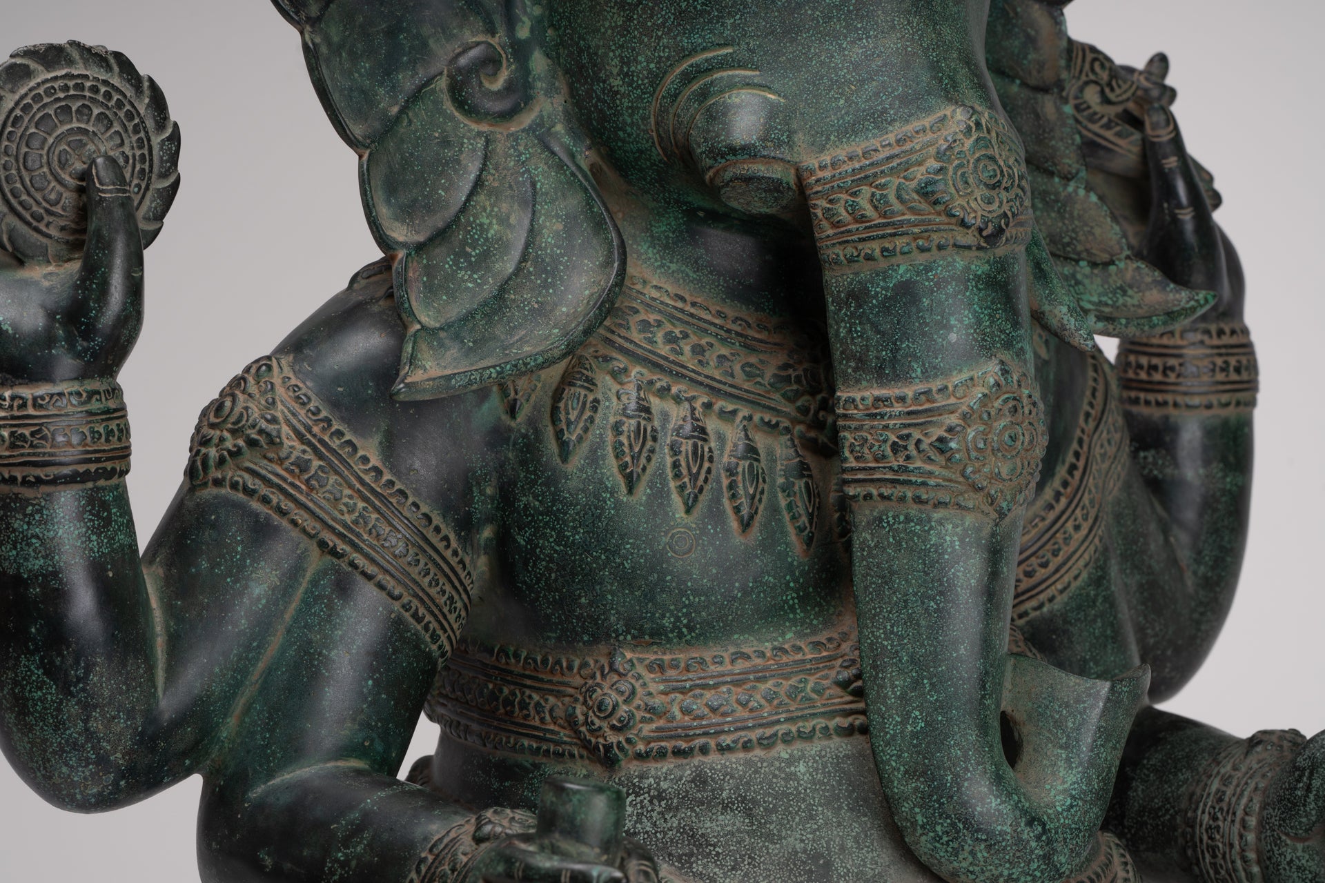 Large Ganesha Statue - Antique Khmer Style Angkor Wat Bronze Seated Four Arm Ganesh Statue - 74cm/30"