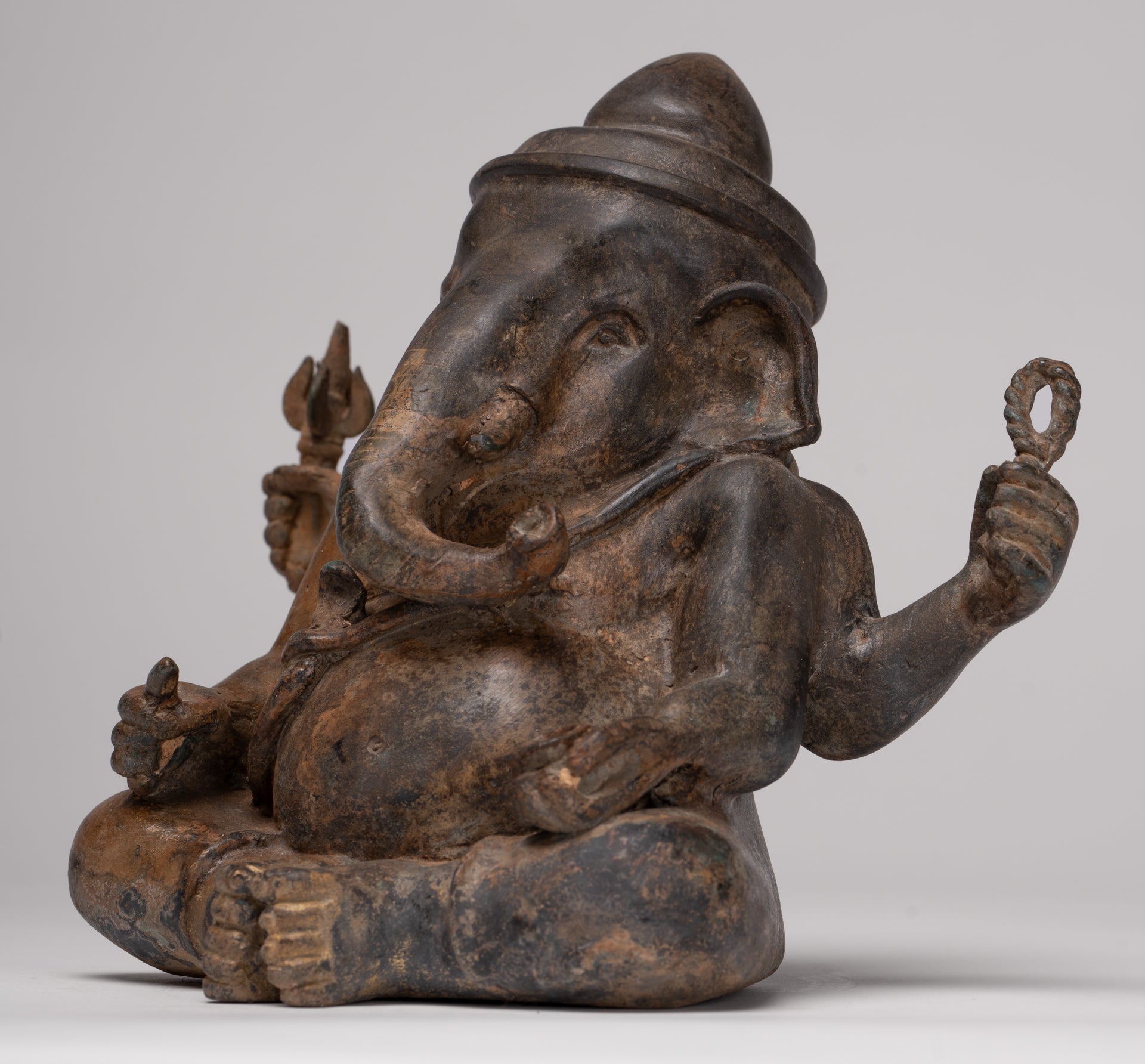 Ganesha Statue - Antique Thai Style Bronze Seated 4-Arm Ganesha Statue - 16cm/6"