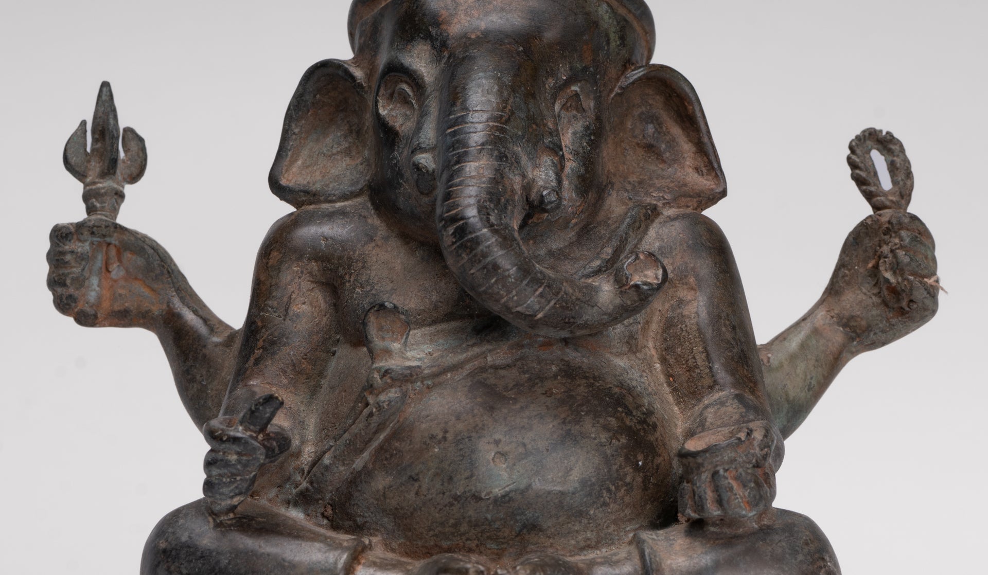 Ganesha Statue - Antique Thai Style Bronze Seated 4-Arm Ganesha Statue - 18cm/7"