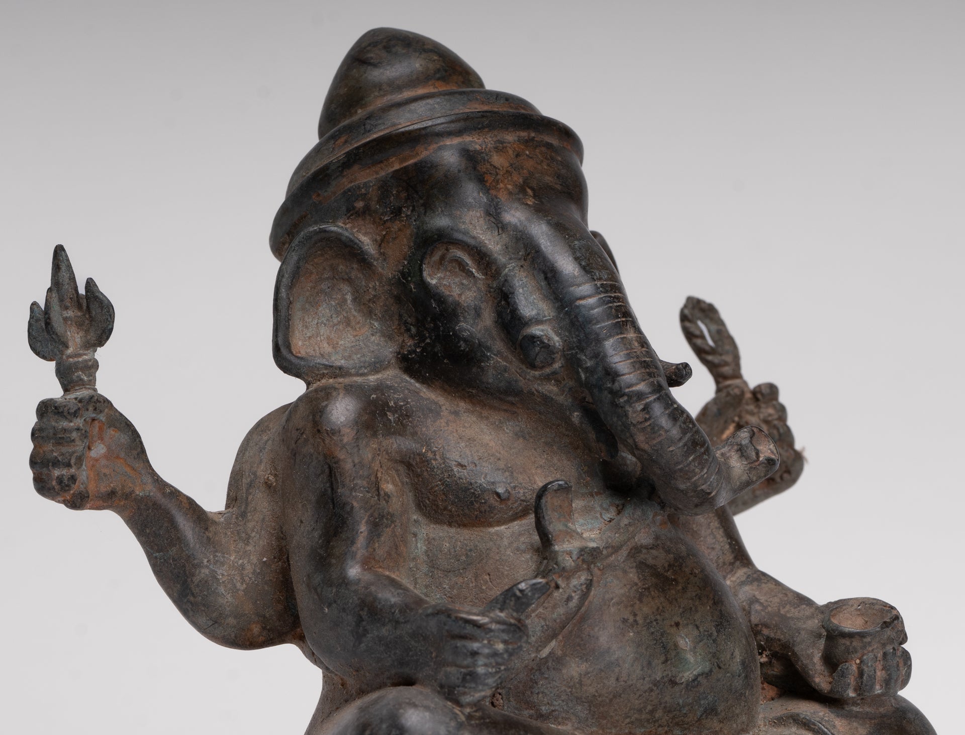 Ganesha Statue - Antique Thai Style Bronze Seated 4-Arm Ganesha Statue - 18cm/7"