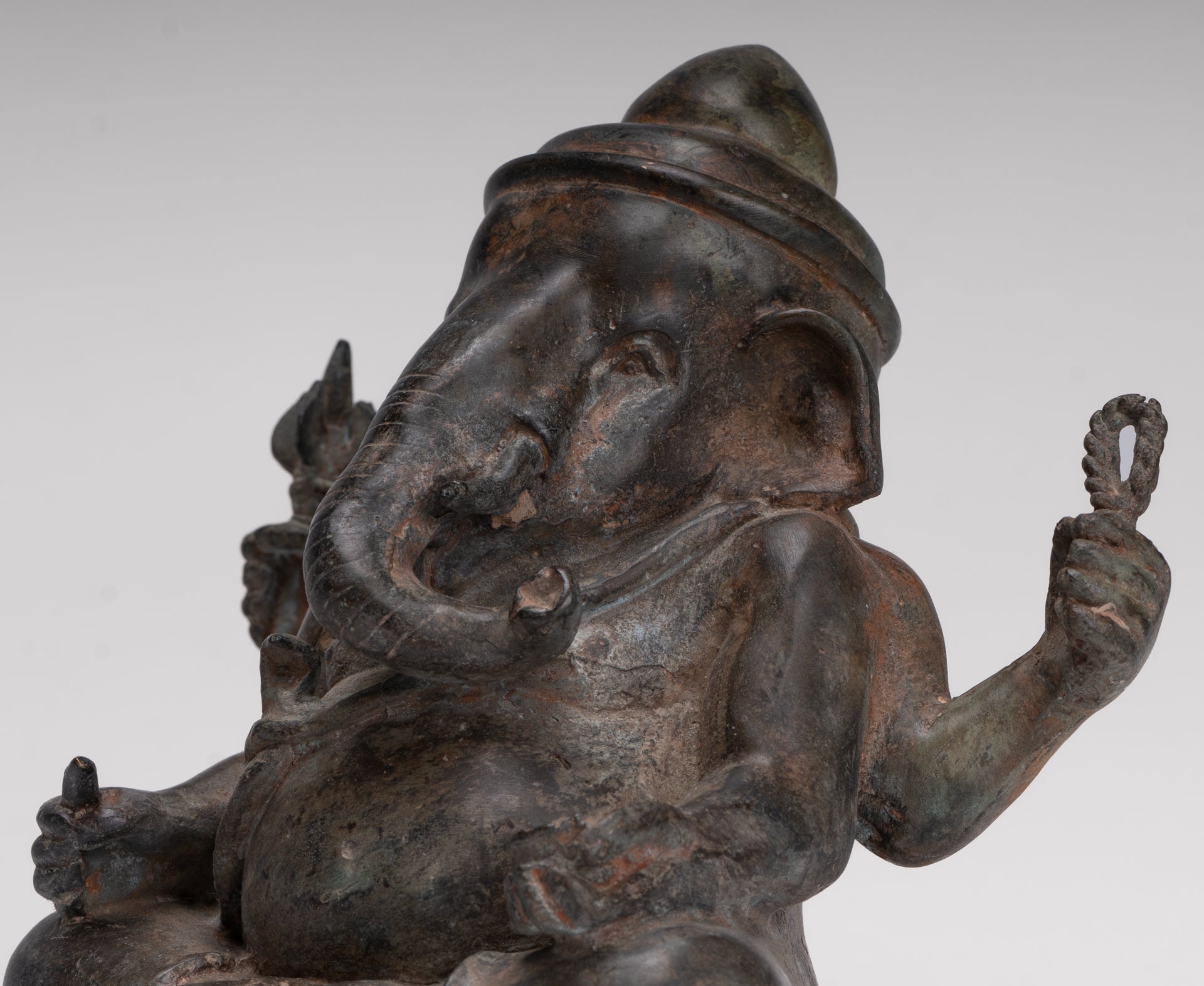 Ganesha Statue - Antique Thai Style Bronze Seated 4-Arm Ganesha Statue - 18cm/7"