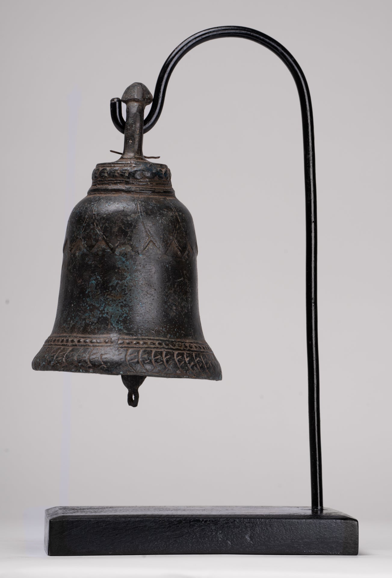 Antique Khmer Style Bronze Mounted Lotus Flower Bell - 29cm/12"