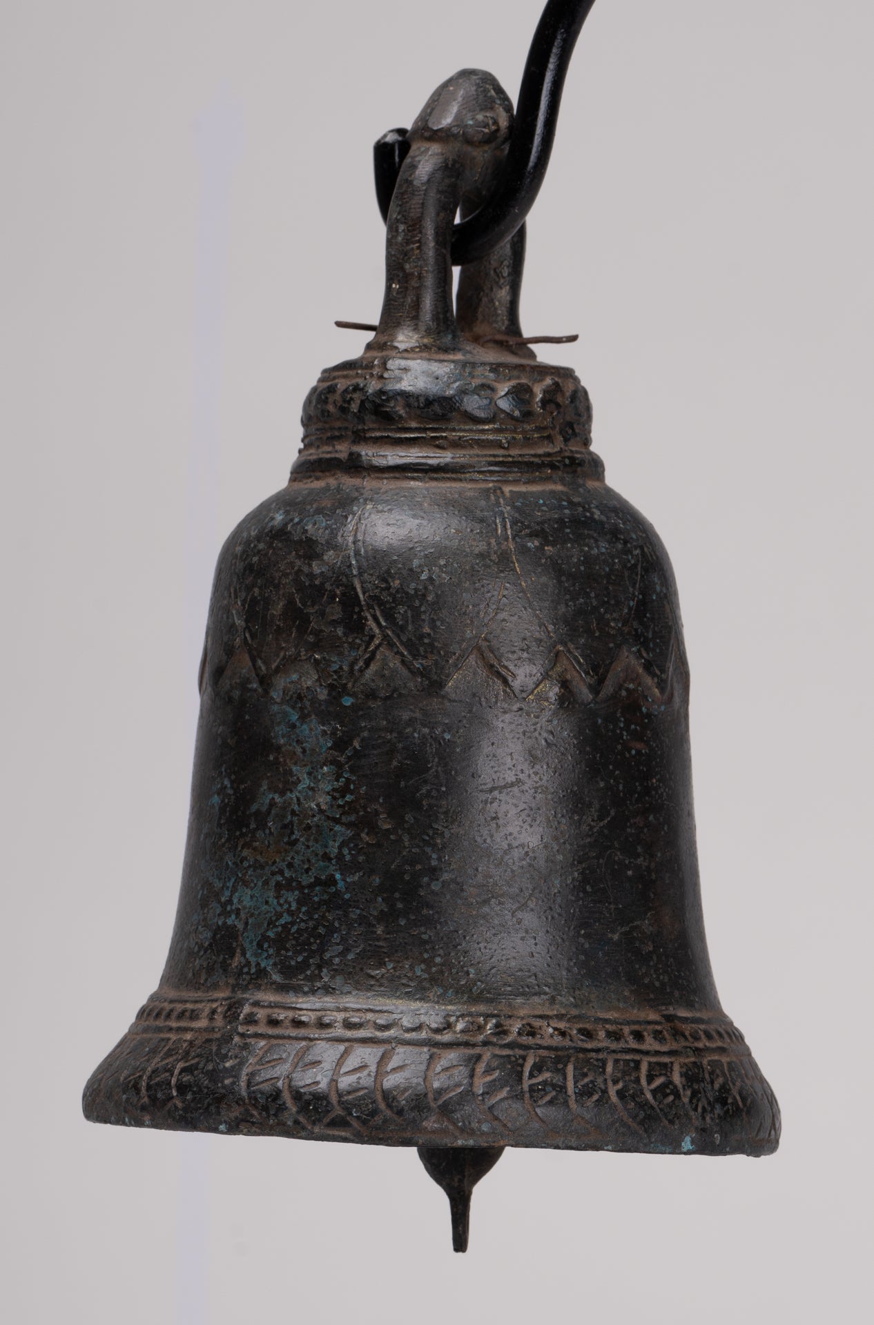 Antique Khmer Style Bronze Mounted Lotus Flower Bell - 29cm/12"