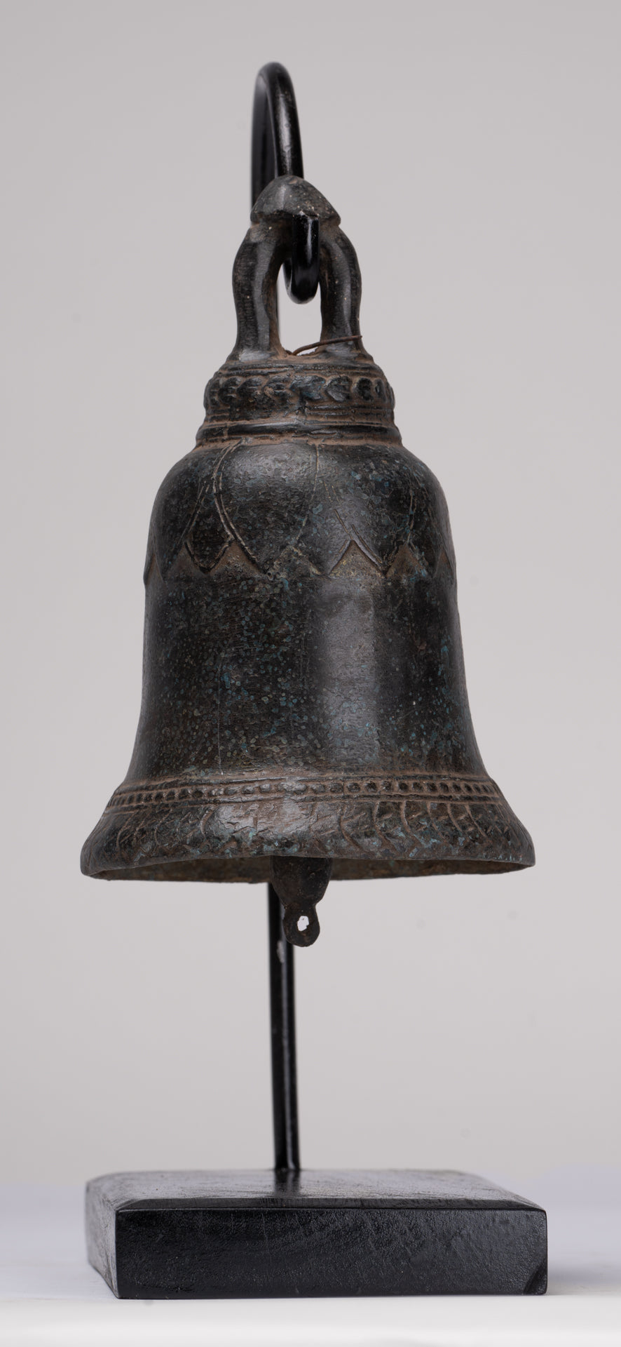 Antique Khmer Style Bronze Mounted Lotus Flower Bell - 29cm/12"