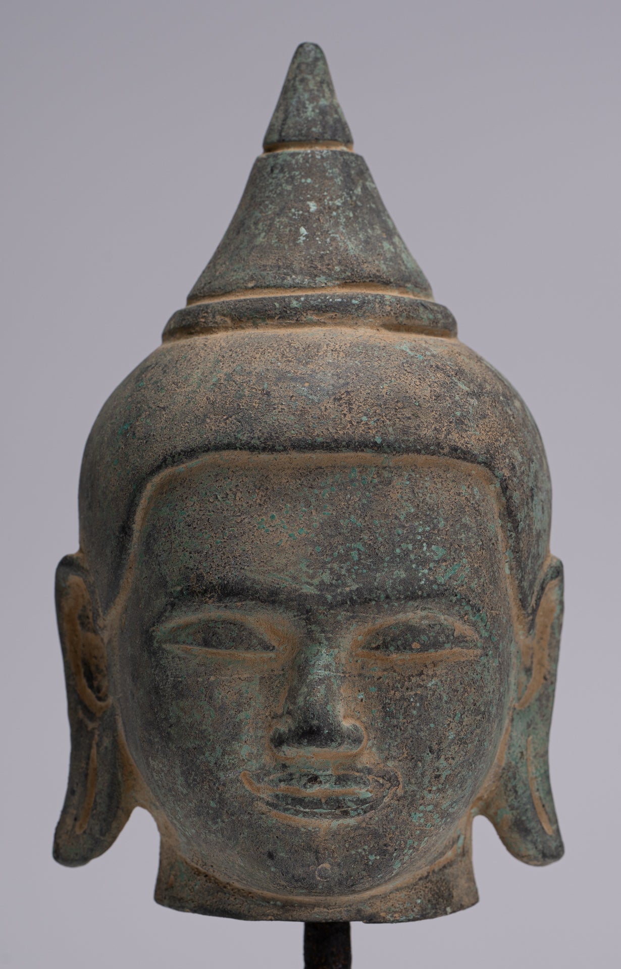 Buddha Statue - Antique Khmer Style Mounted Bronze Phnom Da Buddha Head Statue - 22cm/9"