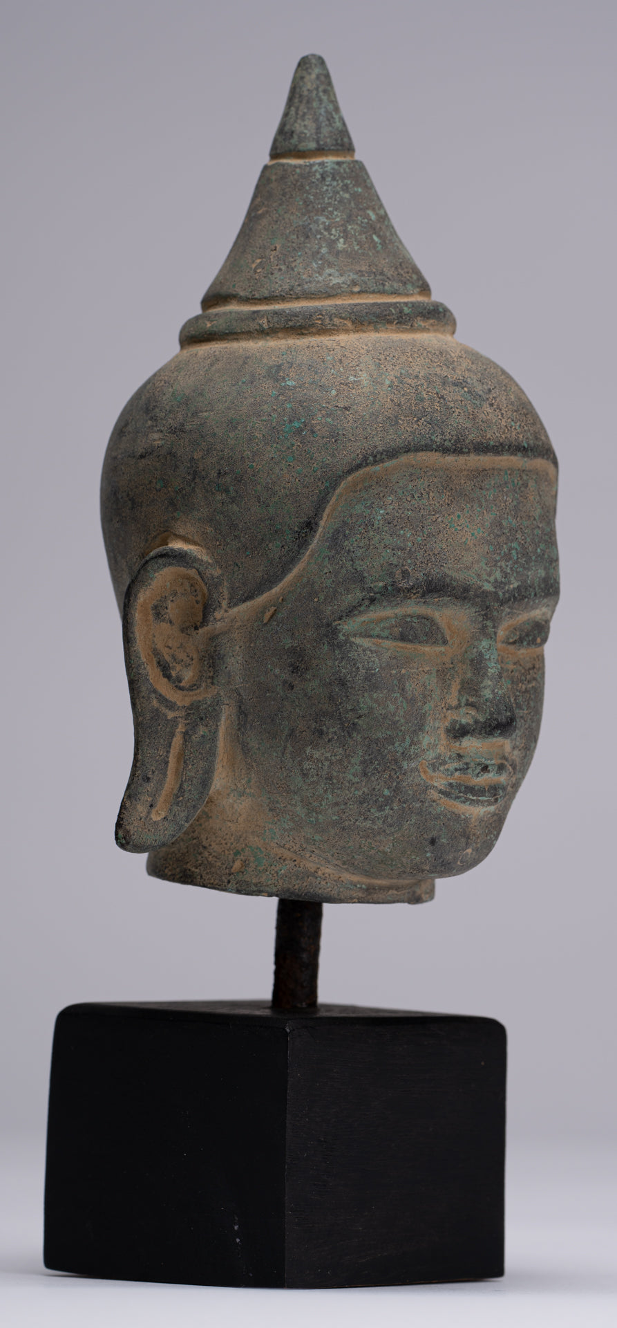 Buddha Statue - Antique Khmer Style Mounted Bronze Phnom Da Buddha Head Statue - 22cm/9"