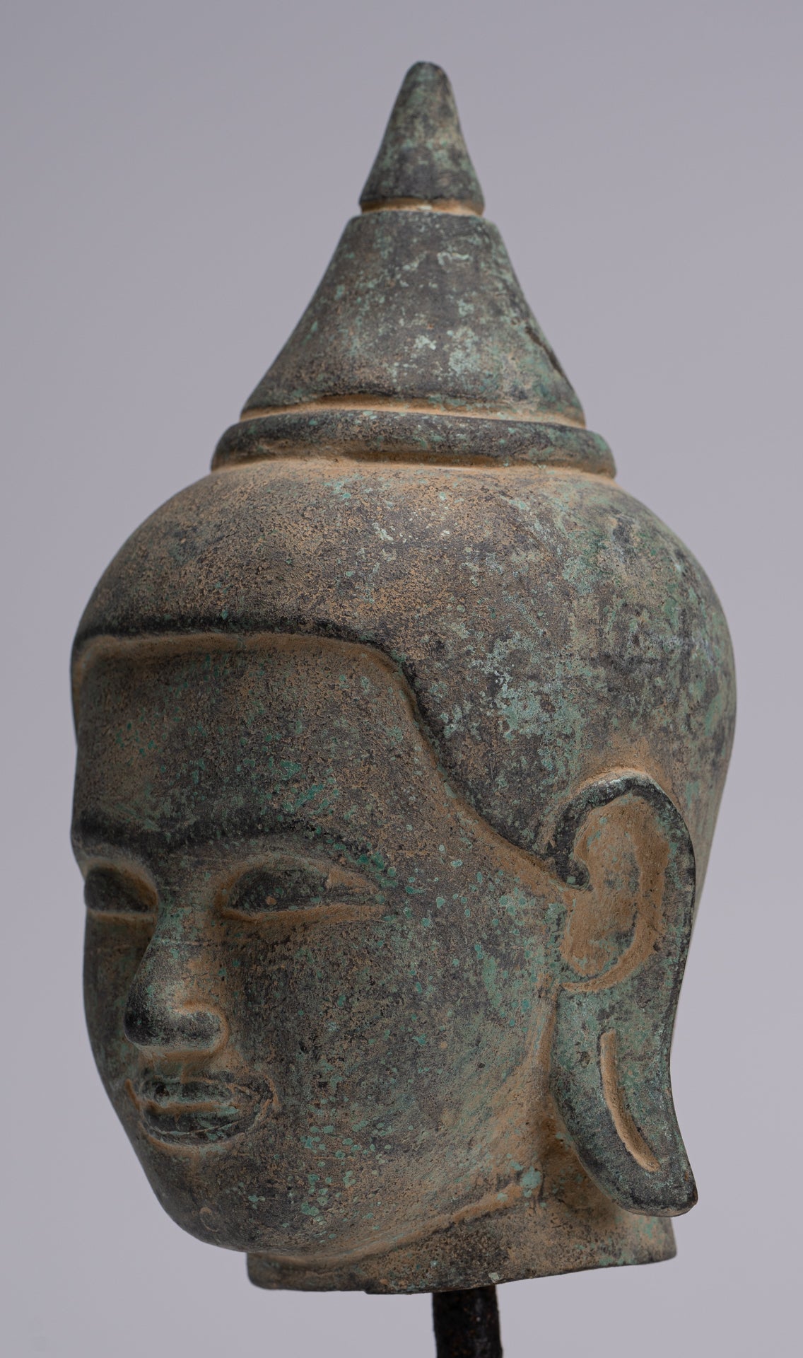 Buddha Statue - Antique Khmer Style Mounted Bronze Phnom Da Buddha Head Statue - 22cm/9"