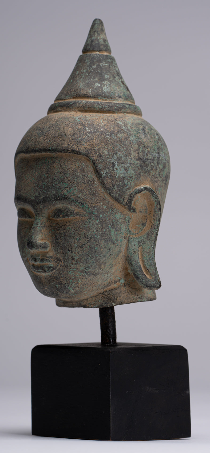 Buddha Statue - Antique Khmer Style Mounted Bronze Phnom Da Buddha Head Statue - 22cm/9"