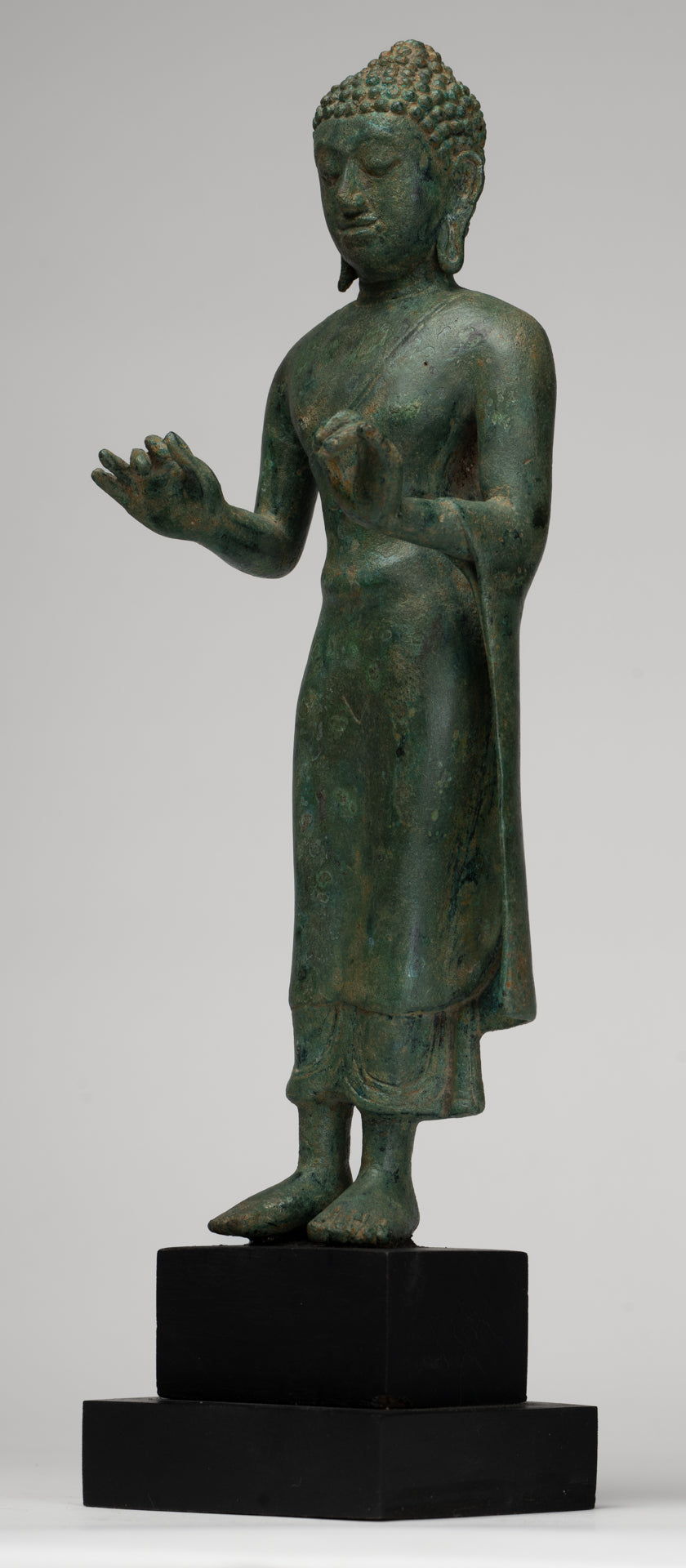 Buddha Statue - Antique Thai Style Standing Bronze Mon Dvaravati Teaching Buddha Statue - 35cm/14"