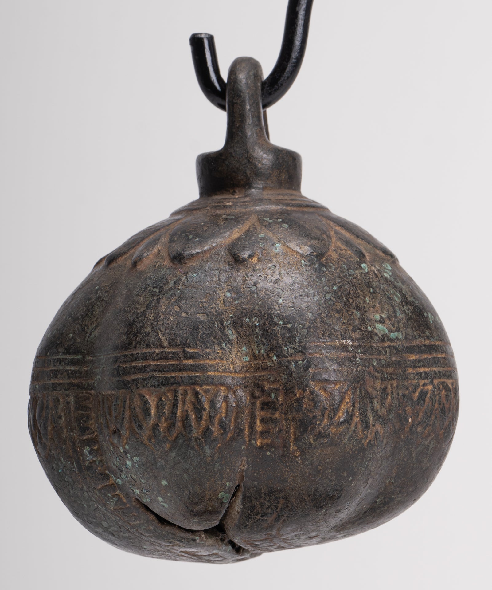 Antique Khmer Style Bronze Mounted Lotus Flower Bell - 32cm/13"