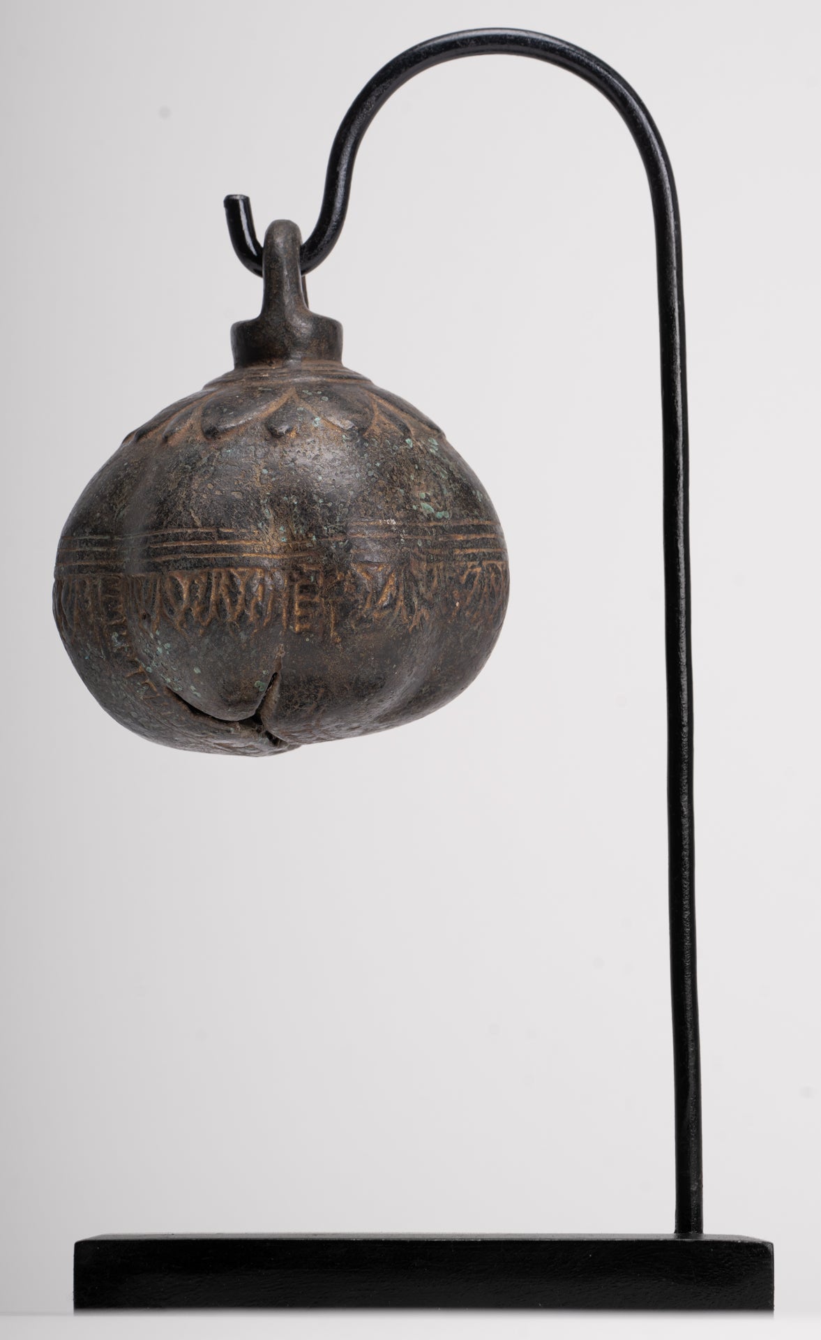 Antique Khmer Style Bronze Mounted Lotus Flower Bell - 32cm/13"