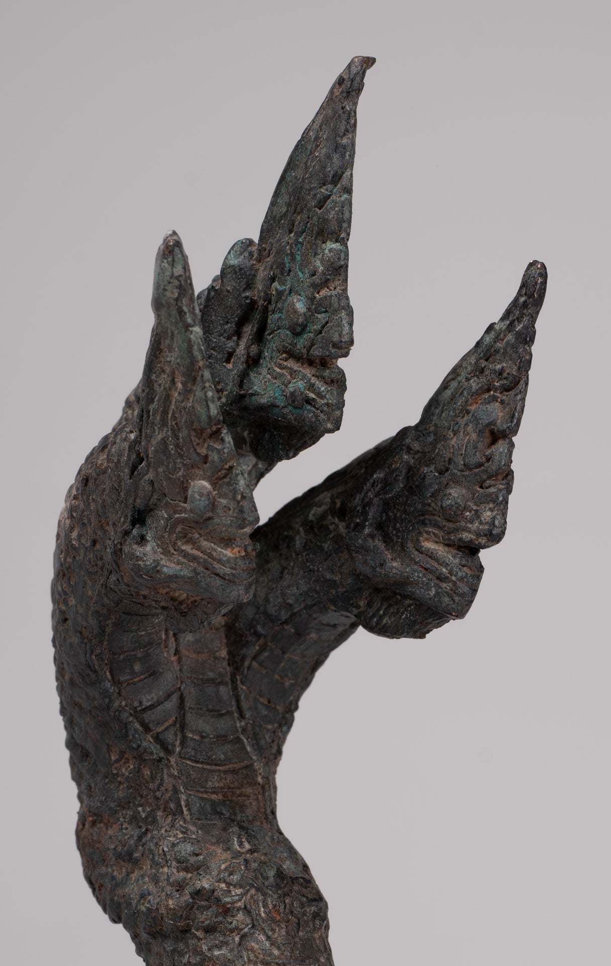 Antique Thai Style Bronze Three Head Protective Naga, Snake or Serpent Statue - 28cm/11"