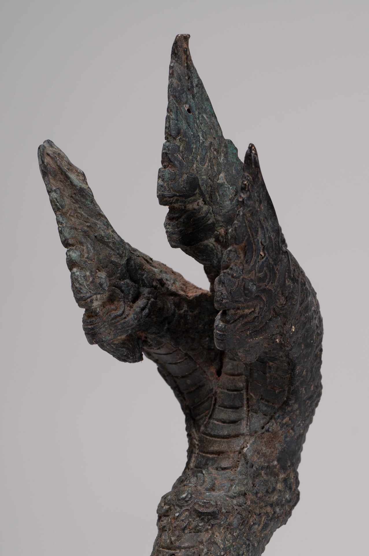 Antique Thai Style Bronze Three Head Protective Naga, Snake or Serpent Statue - 28cm/11"